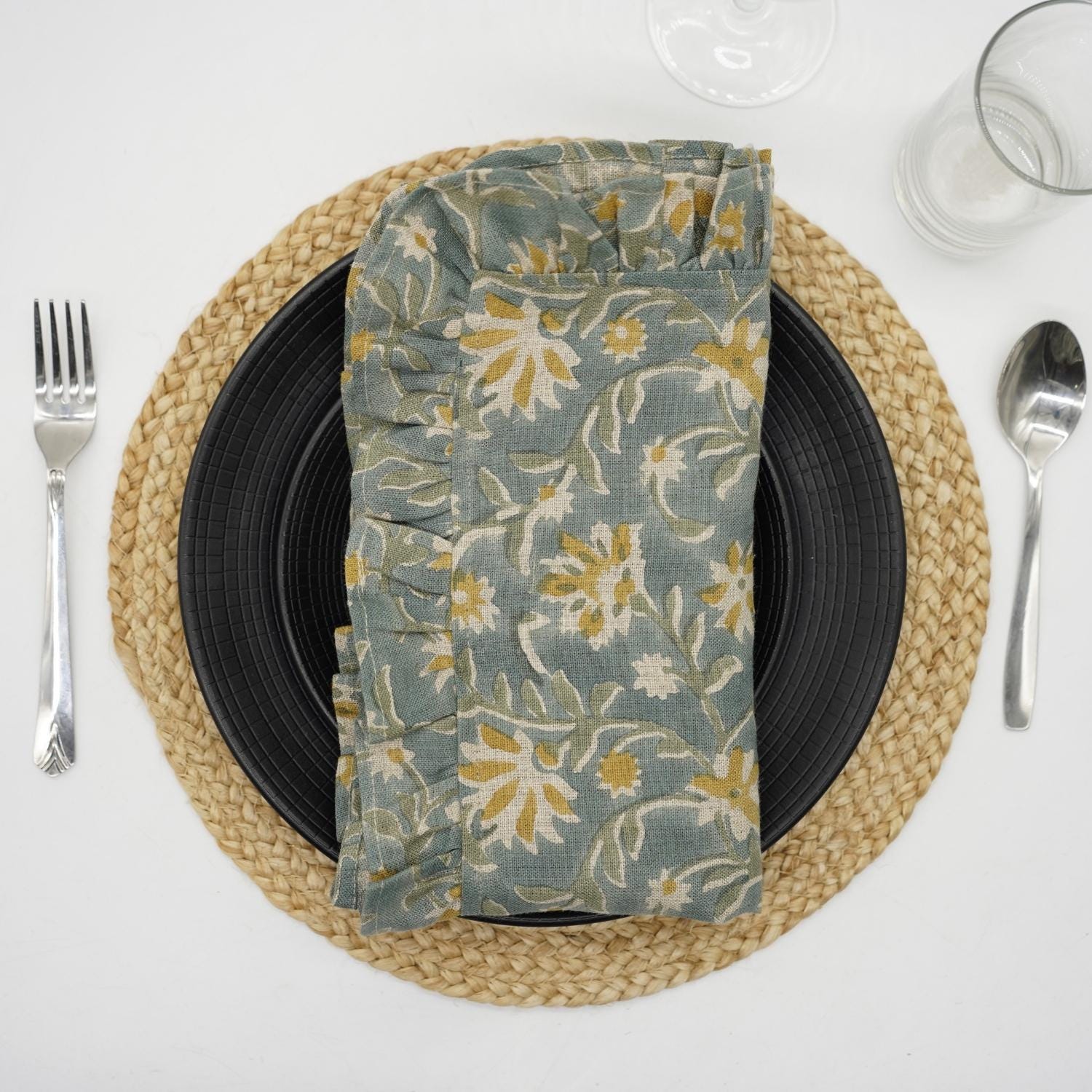 HANDMADE BLOCK PRINTED FLORAL LINEN DECORATIVE DINNER FABRIC FRILL SET OF TABLE NAPKINS – ARADHANA