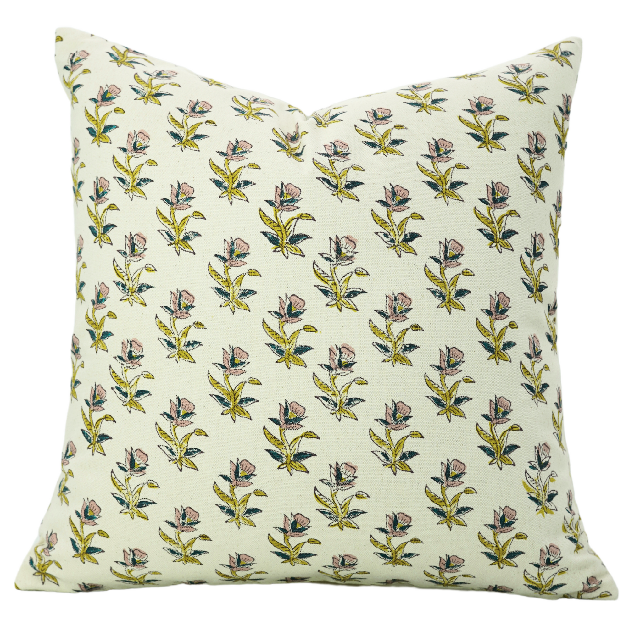 Block Printed Floral Duck Canvas Pillow Cover - Coastal Tulip