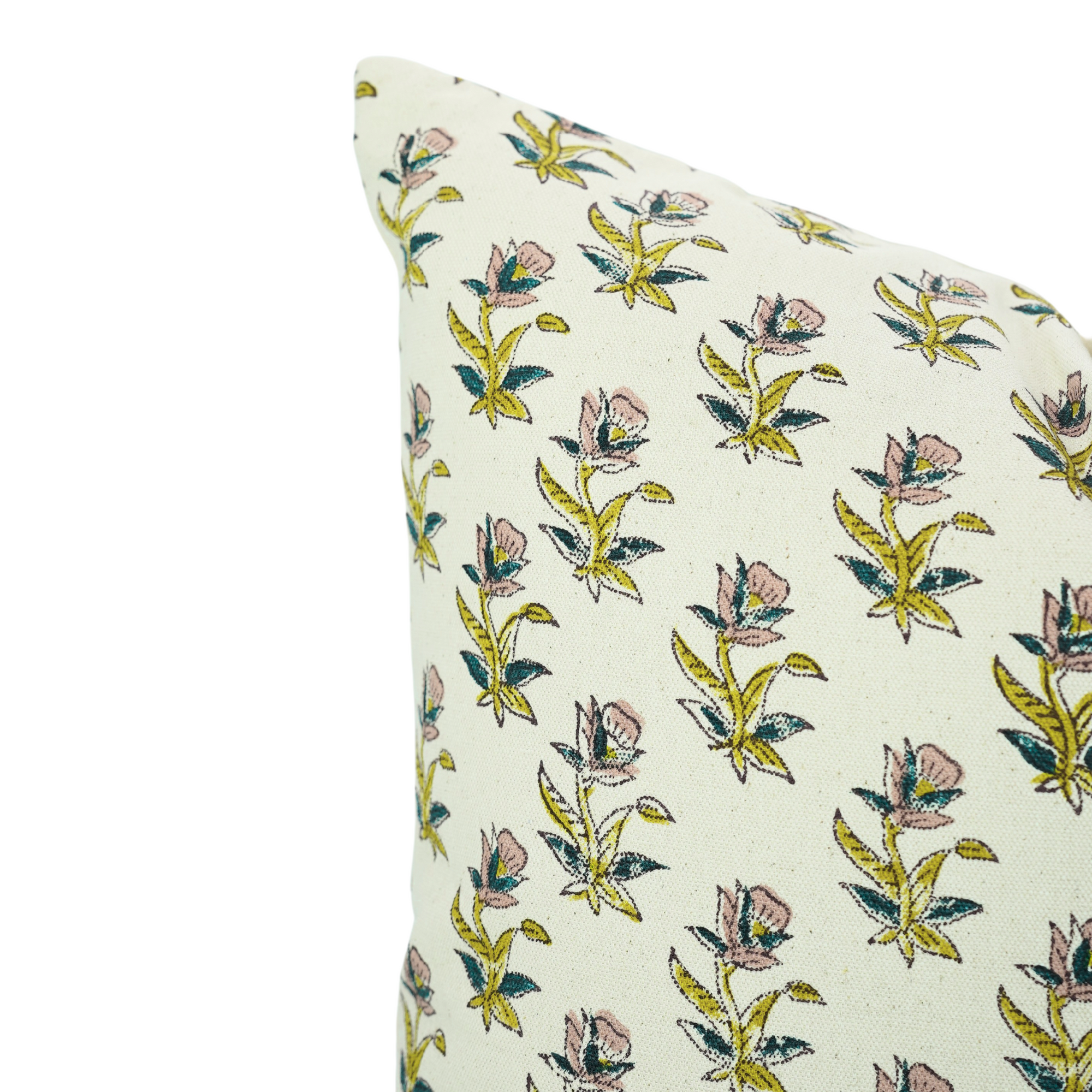 Block Printed Floral Duck Canvas Pillow Cover - Coastal Tulip