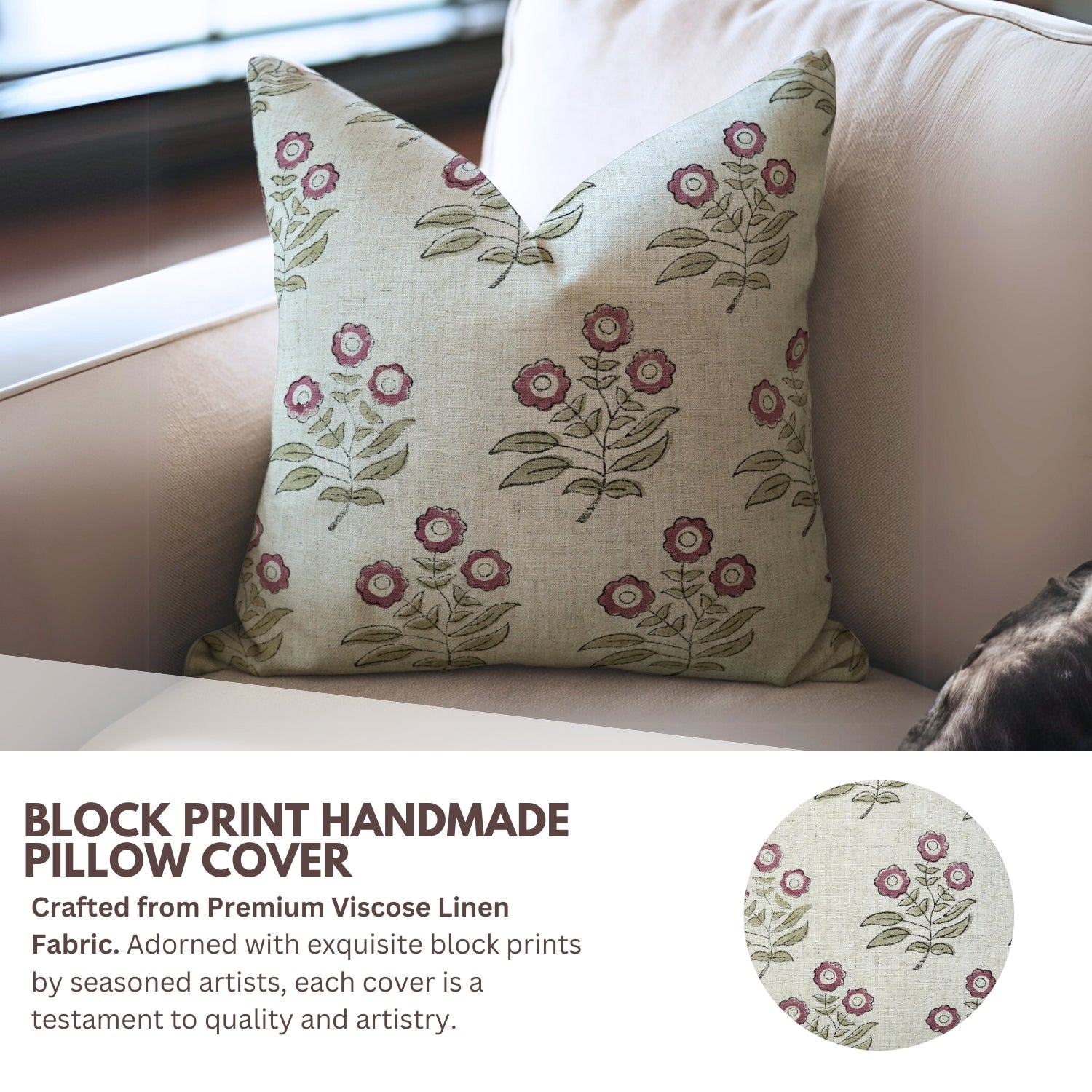 Throw Pillow Cover Viscous Linen – Neha Pink Floral Hand Block Printed Design By Fabdivine.