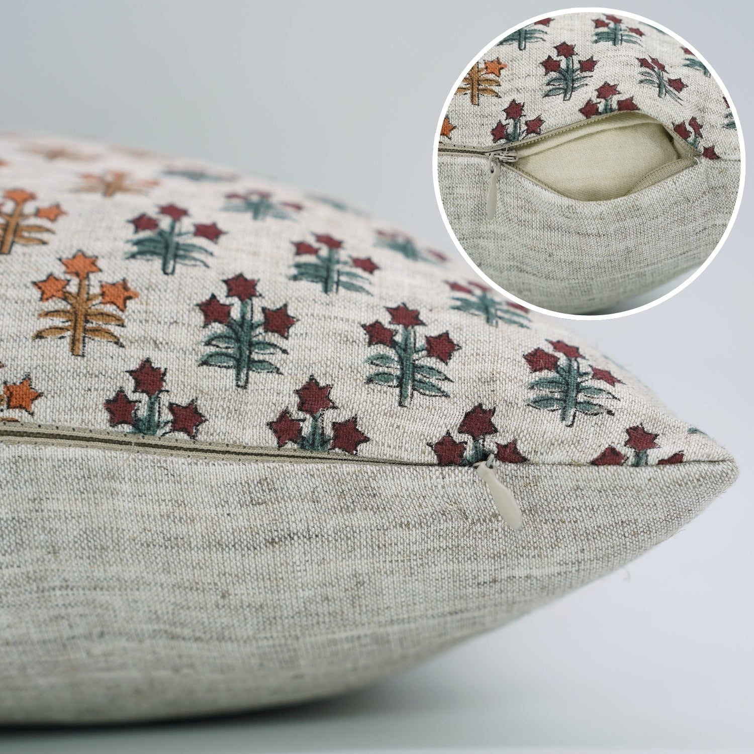 Classic Floral Handblock Printed Cushion Protector Sustainable Kesariya Style with Red - Viscous Linen