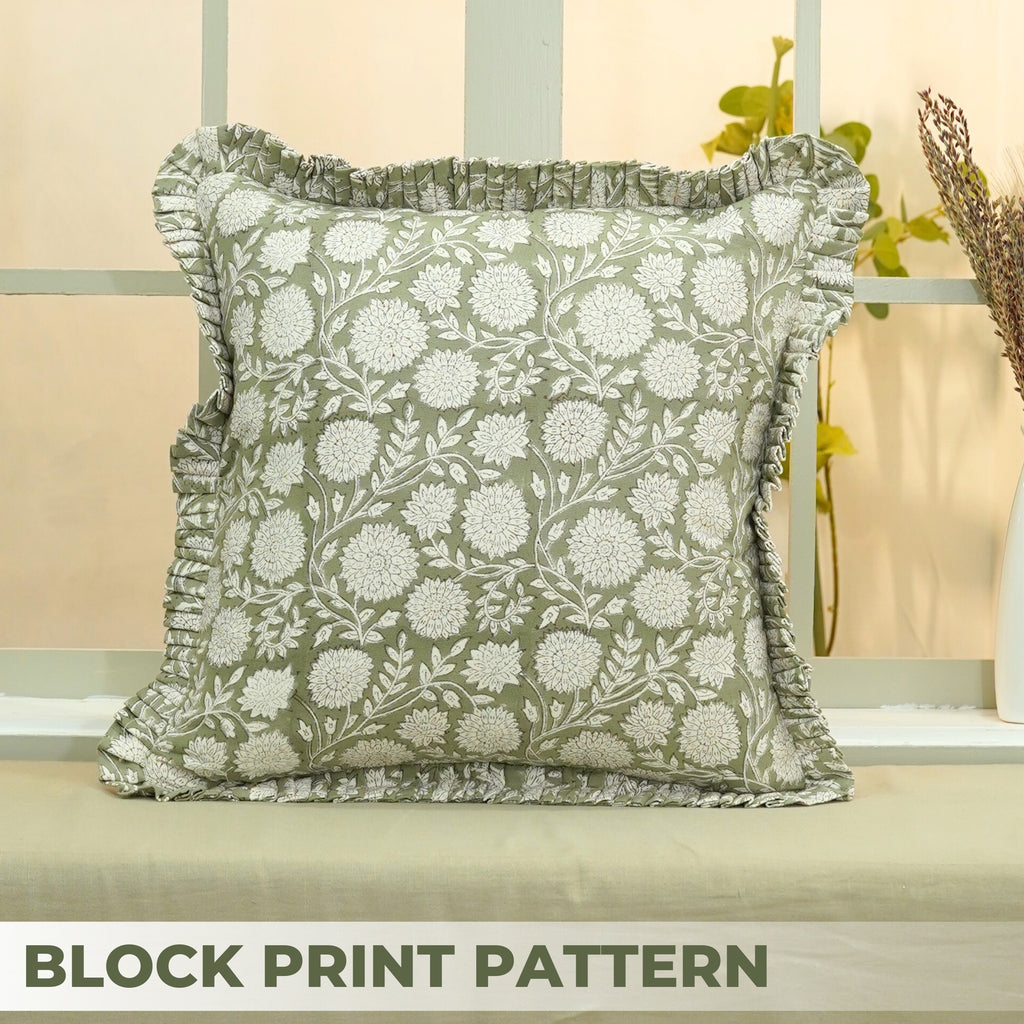 floral green block print pillow cover