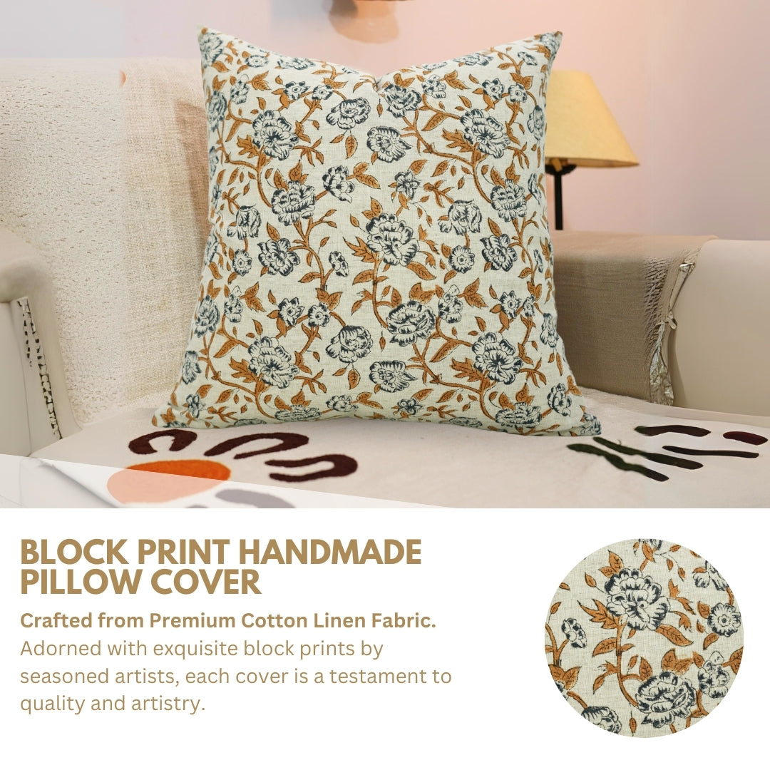 Set Of 4 Block Print Pillow Cover For Sofa, Couch Or Bed- Cotton Linen-Mrignayani