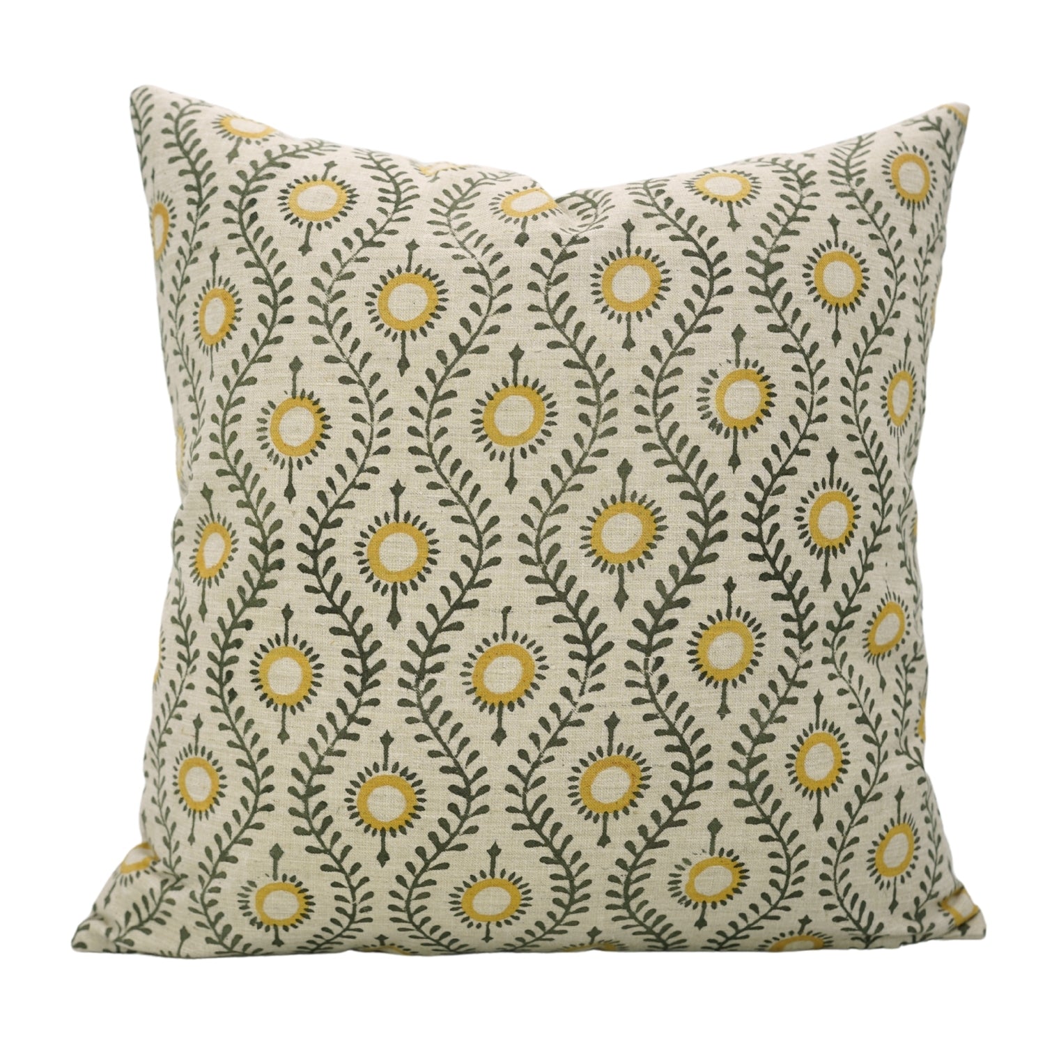 Decorative Floral Handmade Sofa/Cough Cushion Cases in Linen Blend - Lehar in Mustard & Green  