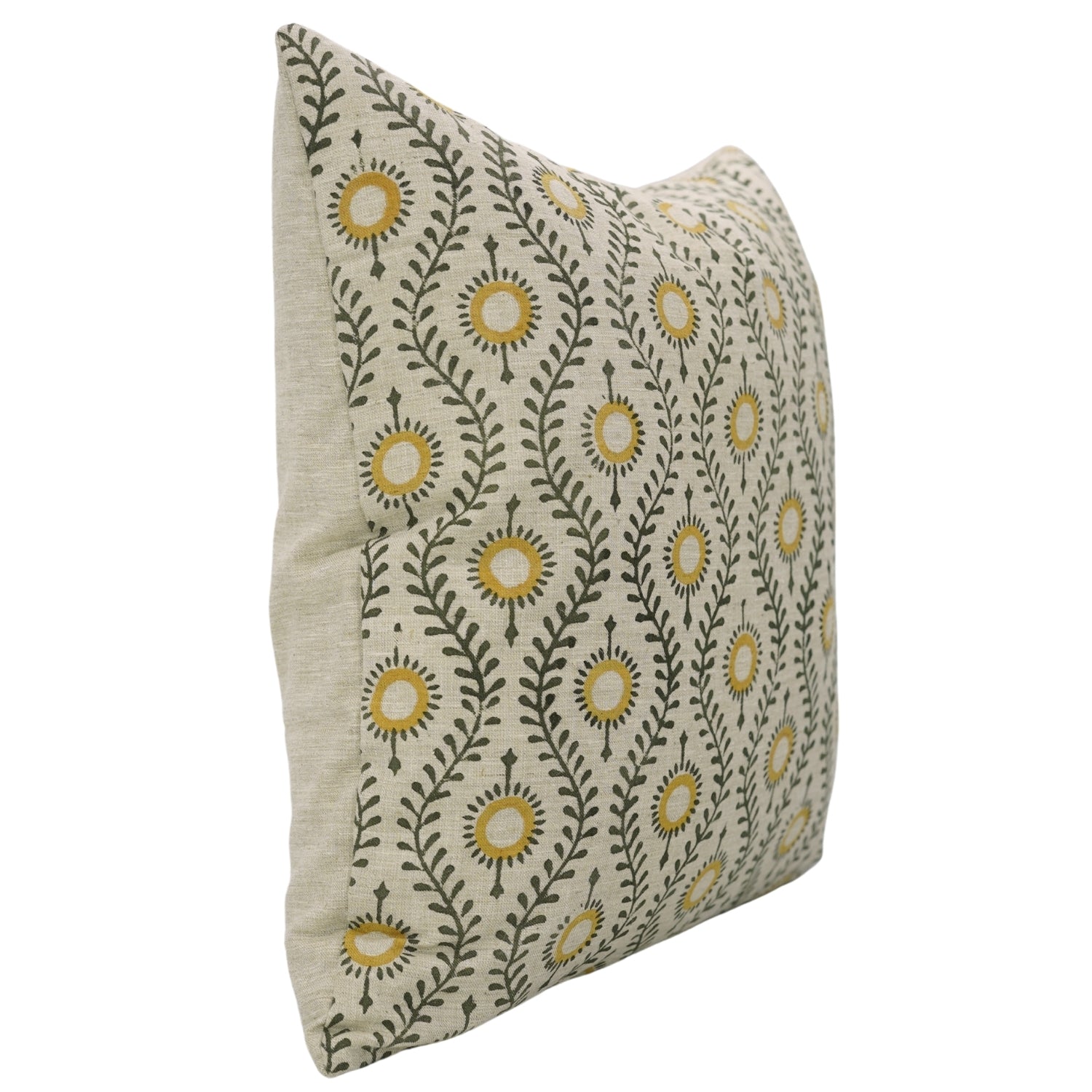 Decorative Floral Handmade Sofa/Cough Cushion Cases in Linen Blend - Lehar in Mustard & Green  