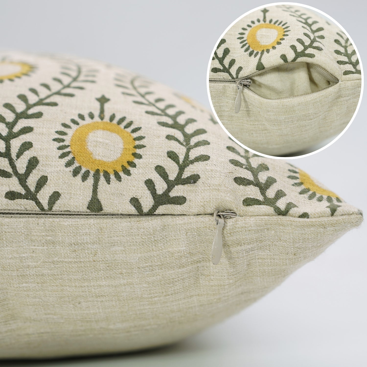 Decorative Floral Handmade Sofa/Cough Cushion Cases in Linen Blend - Lehar in Mustard & Green  