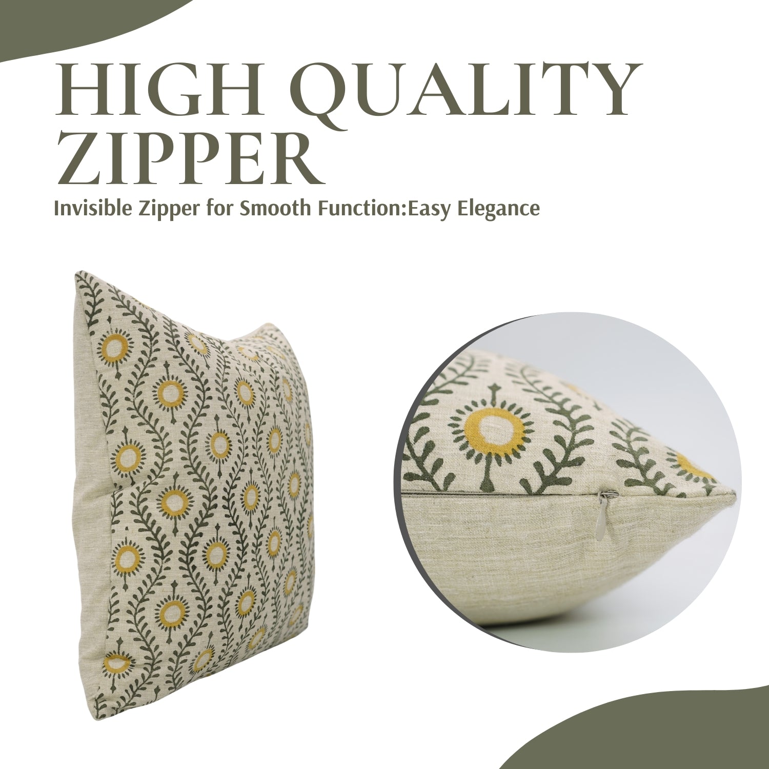 Decorative Floral Handmade Sofa/Cough Cushion Cases in Linen Blend - Lehar in Mustard &amp; Green  