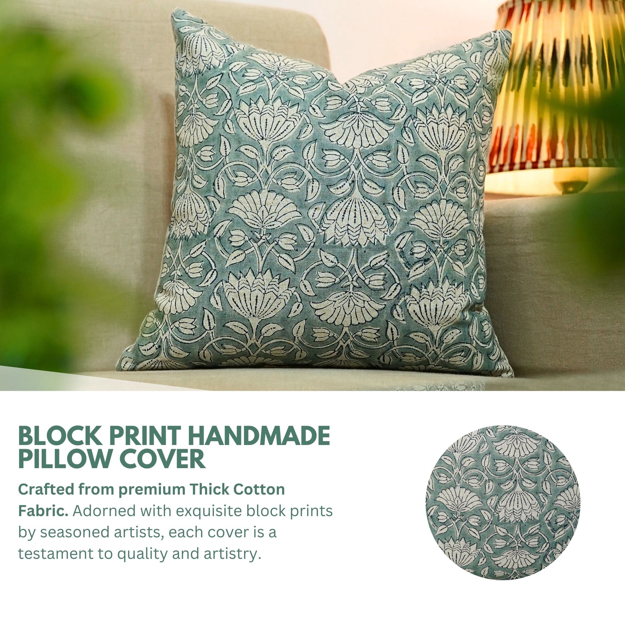 Pure Linen block print designer boho pillow/cushion cover- ULTA KAMAL - Fabdivine