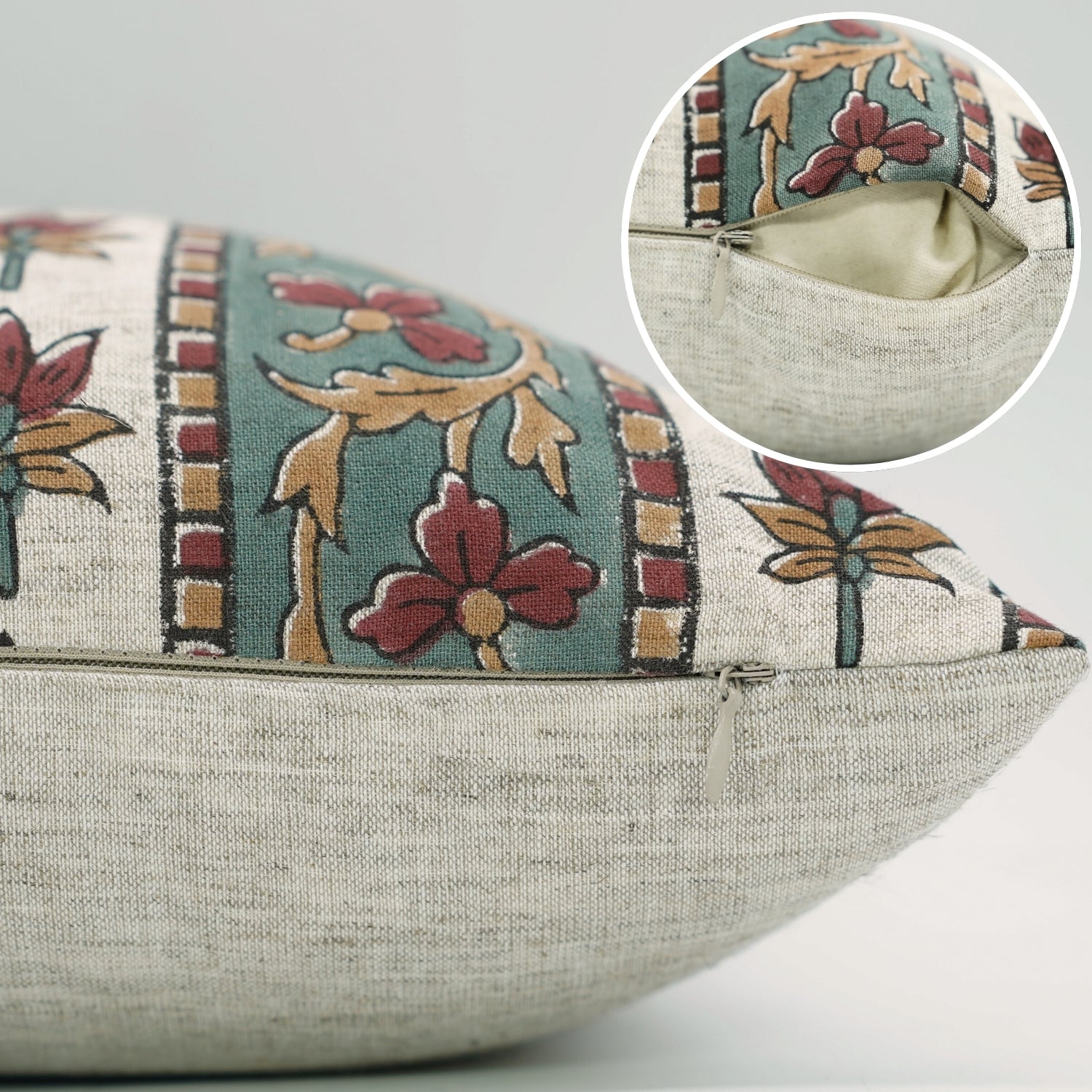 Timeless Bohemian Handmade Floral Printed Laxmi Red Cushion Case - Viscous Linen Charm