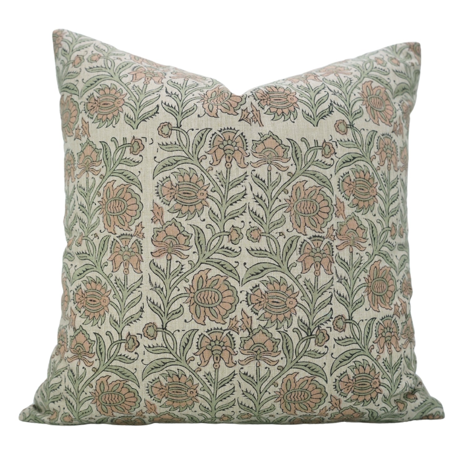 Custard Apple Brown Handblock Printed Floral Cushion Wrap – Linen Blend Farmhouse Charm