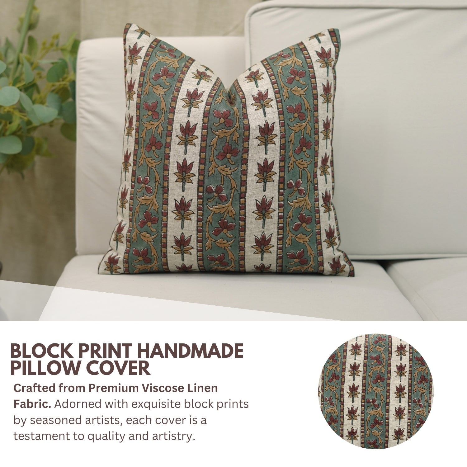 Timeless Bohemian Handmade Floral Printed Laxmi Red Cushion Case - Viscous Linen Charm