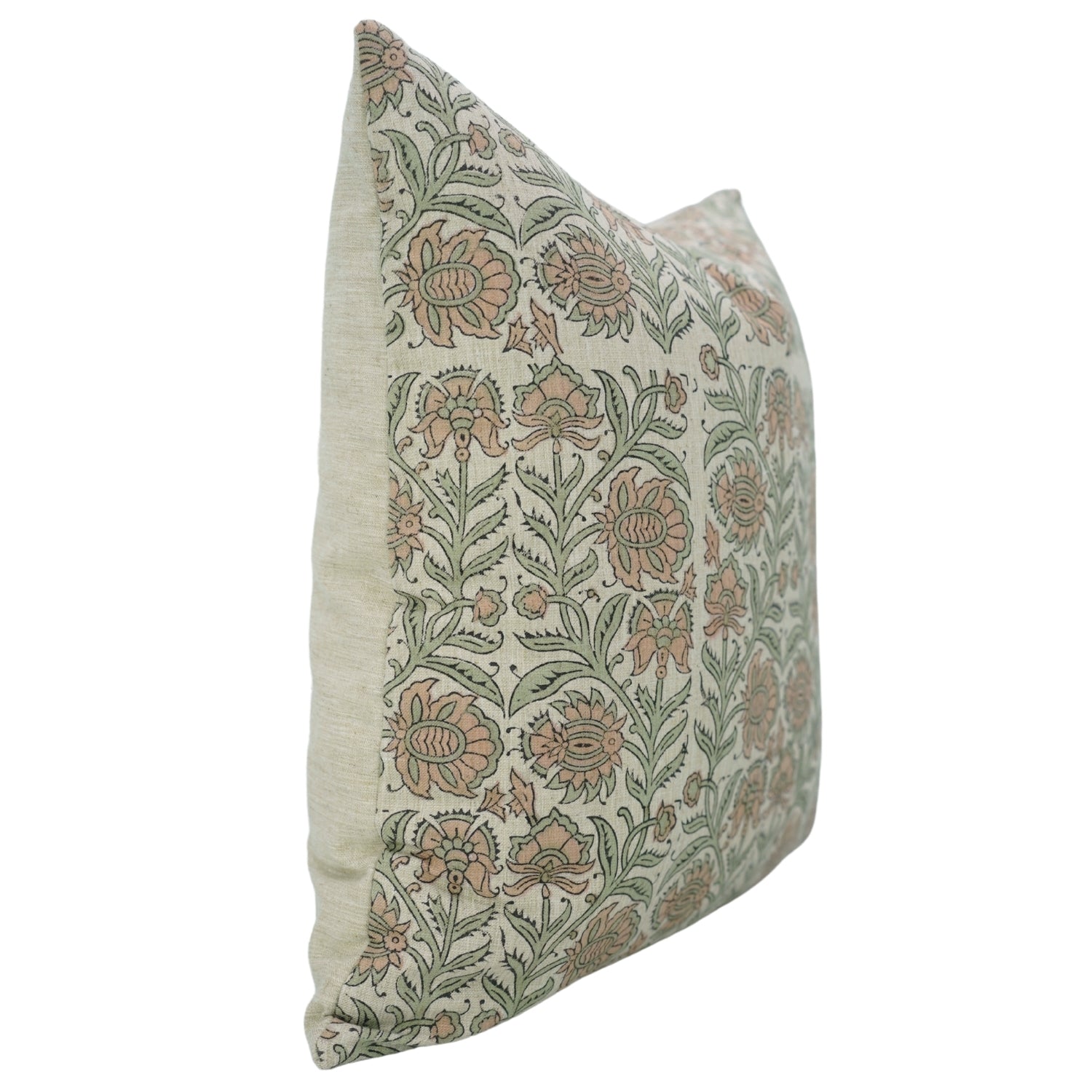 Custard Apple Brown Handblock Printed Floral Cushion Wrap – Linen Blend Farmhouse Charm