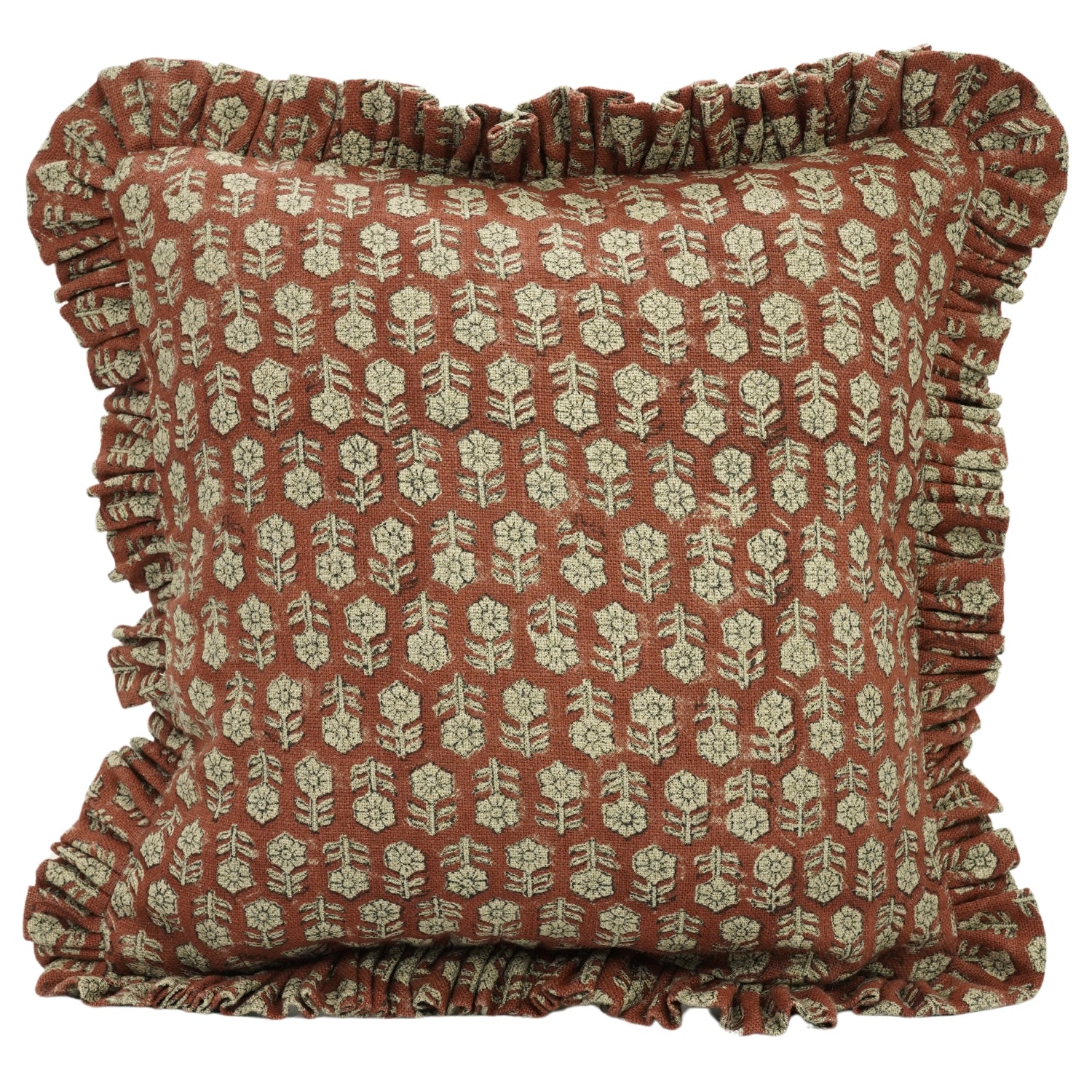 Block Printed Thick Linen Frill Pillow Cover - Tulsi Buti By Fabdivine