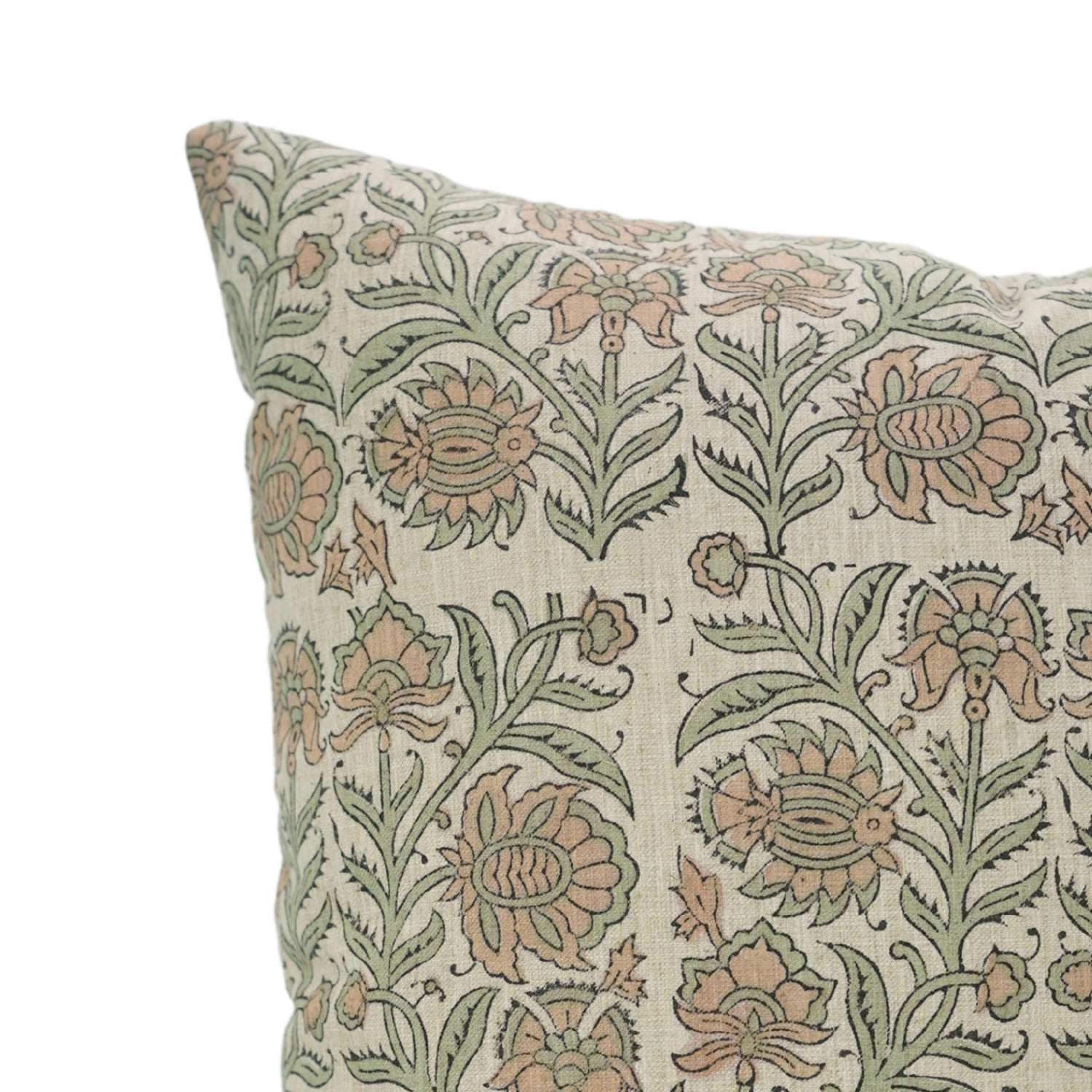 Custard Apple Brown Handblock Printed Floral Cushion Wrap – Linen Blend Farmhouse Charm