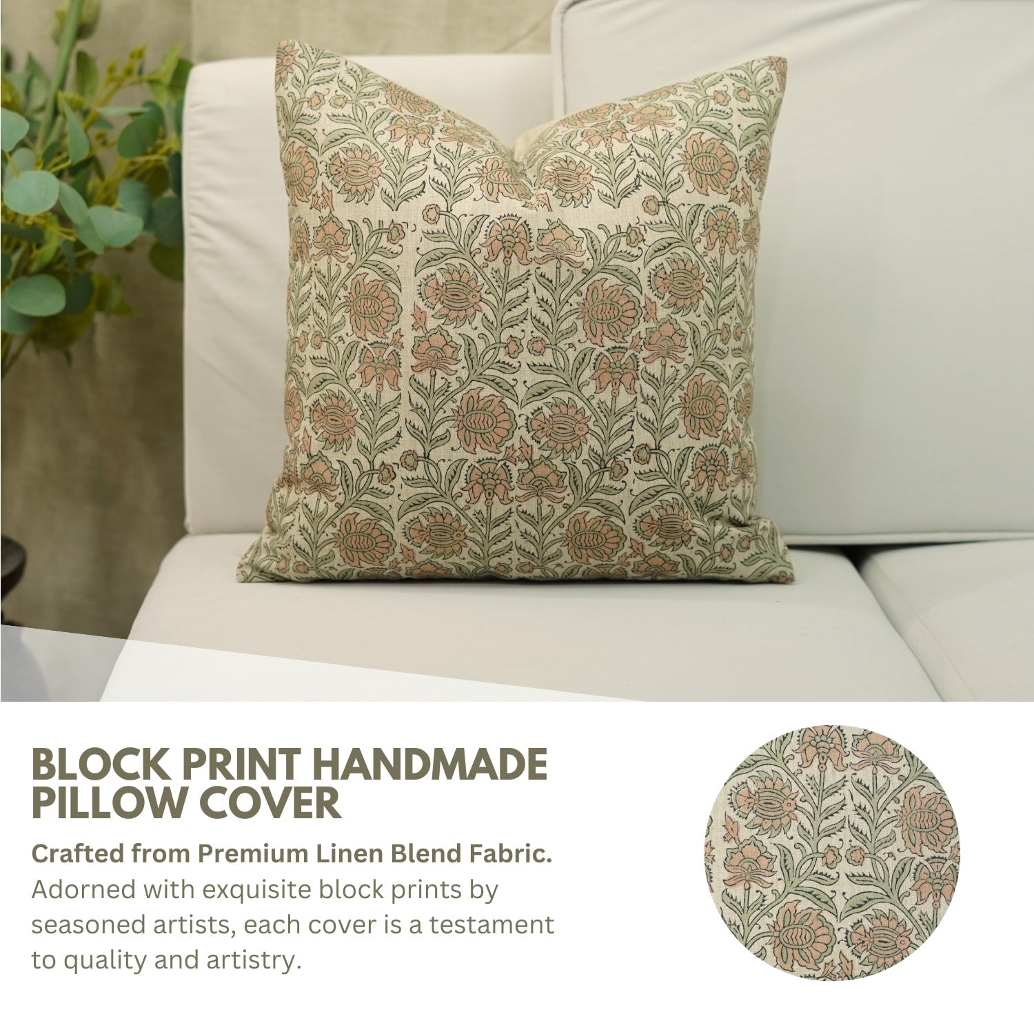 Custard Apple Brown Handblock Printed Floral Cushion Wrap – Linen Blend Farmhouse Charm