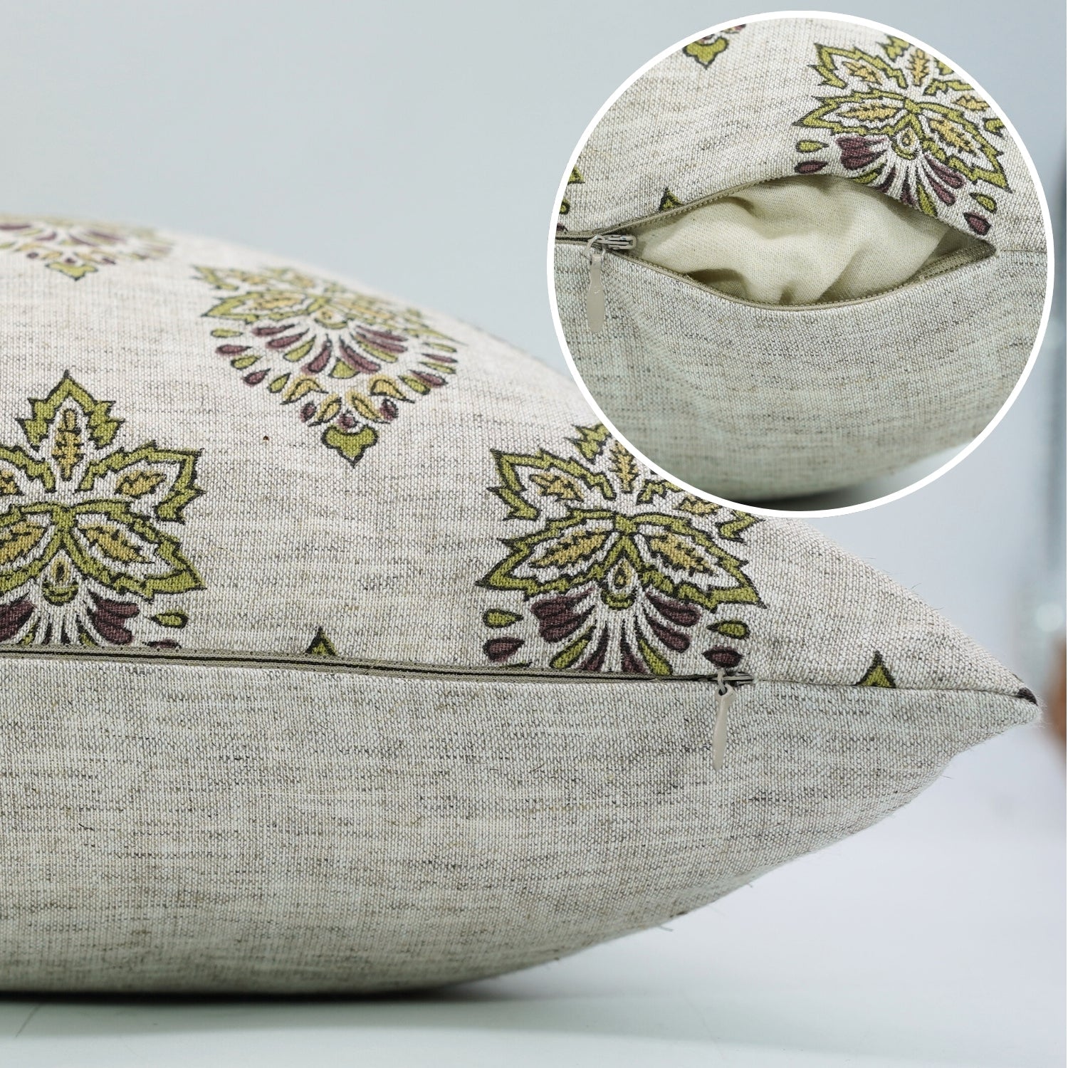 Viscose Linen Throw Cushion Cover – Samrat Green Handblock Printed Floral