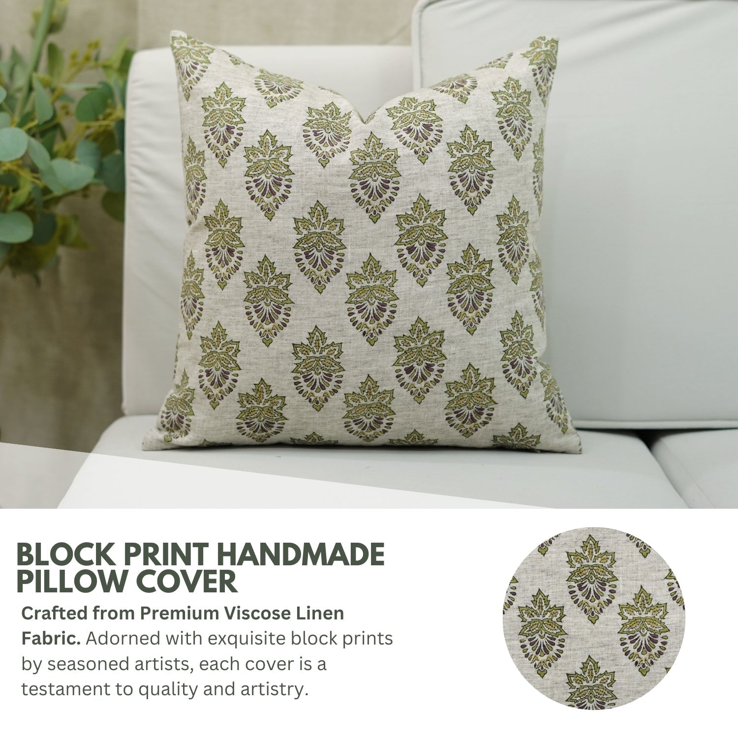 Viscose Linen Throw Cushion Cover – Samrat Green Handblock Printed Floral