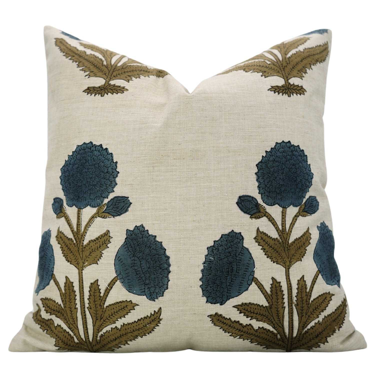 Regal Floral Handblock Printed Linen Blend Pillow Cover A Touch of Elegance with Badshah Blue 