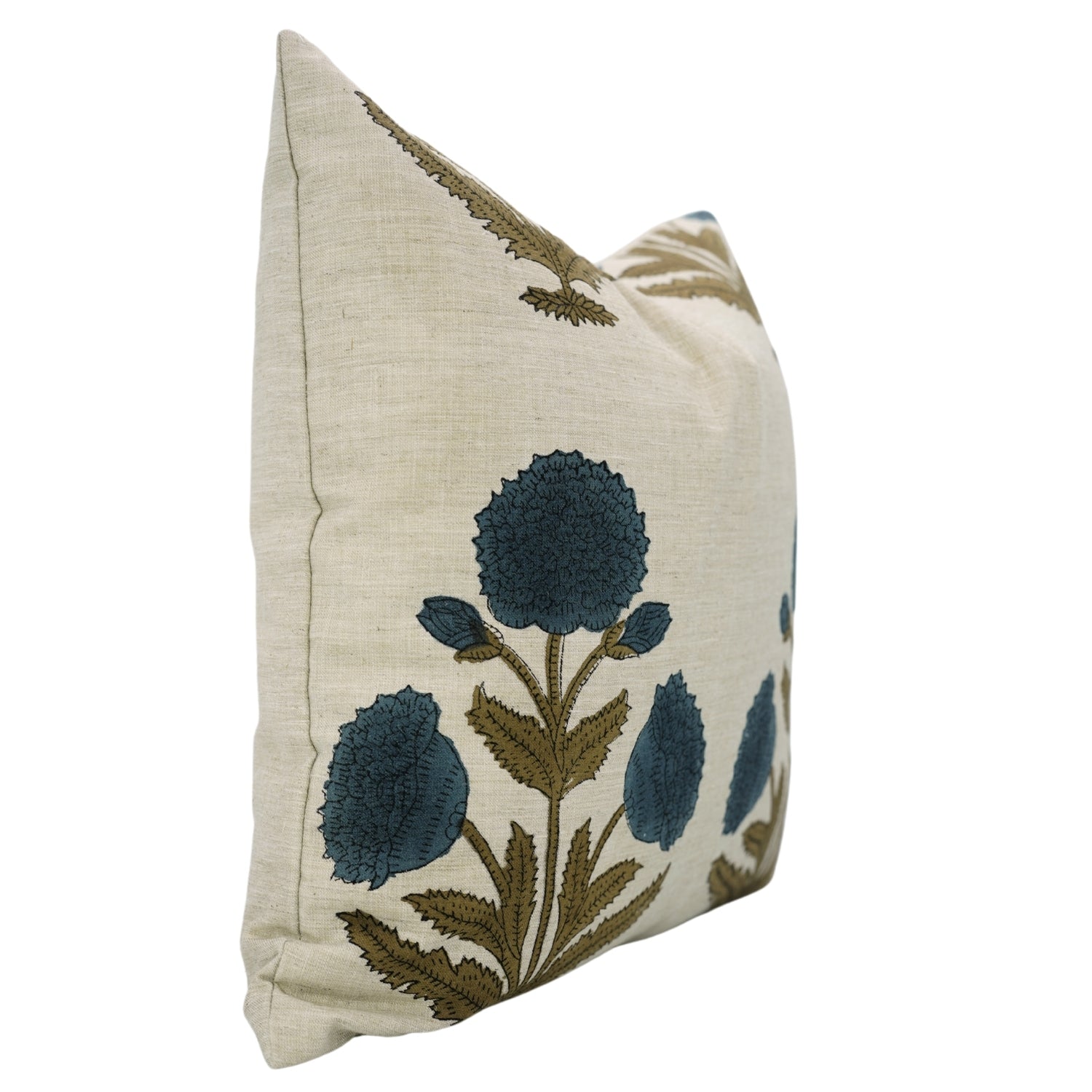 Regal Floral Handblock Printed Linen Blend Pillow Cover A Touch of Elegance with Badshah Blue 