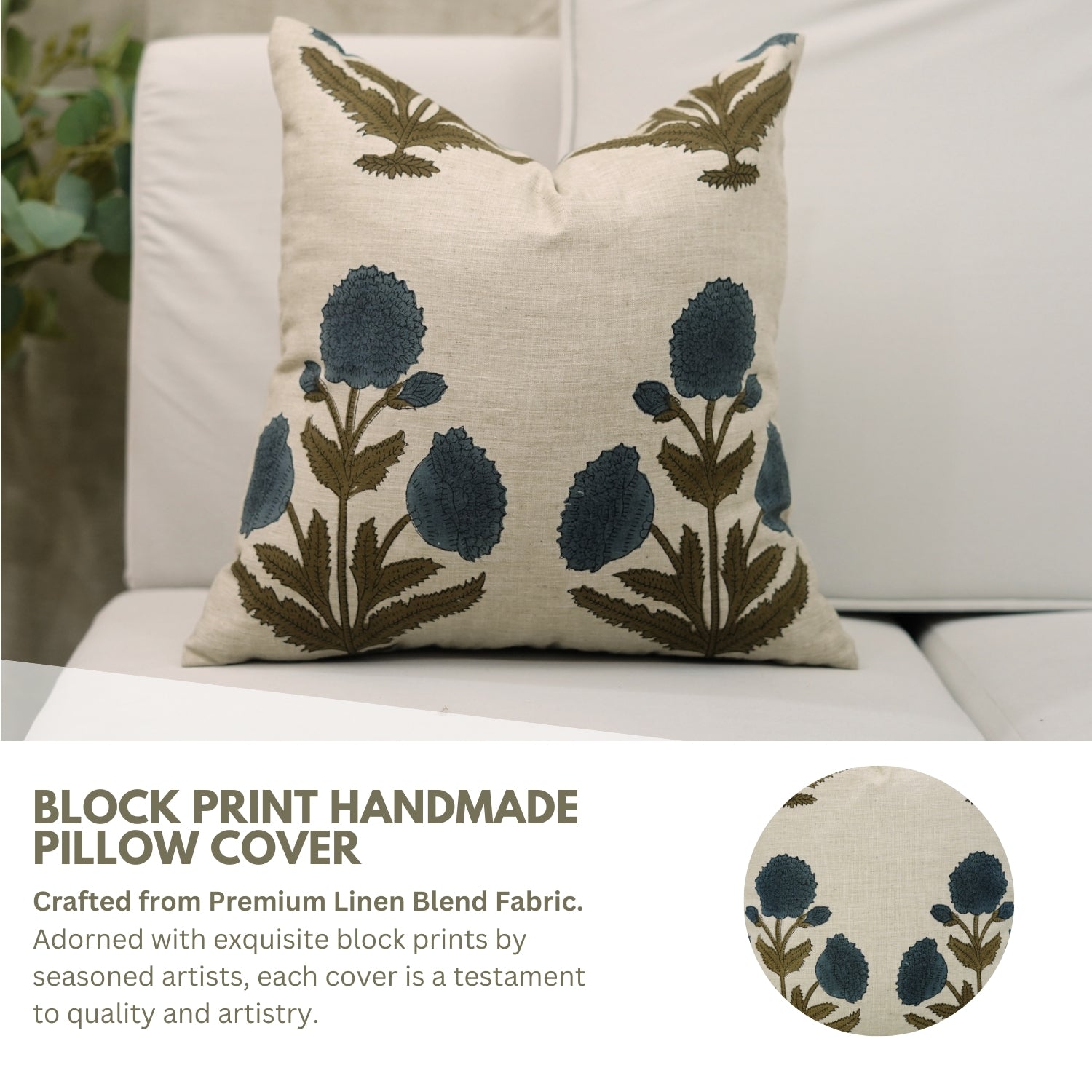 Regal Floral Handblock Printed Linen Blend Pillow Cover A Touch of Elegance with Badshah Blue 