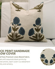 Regal Floral Handblock Printed Linen Blend Pillow Cover A Touch of Elegance with Badshah Blue 