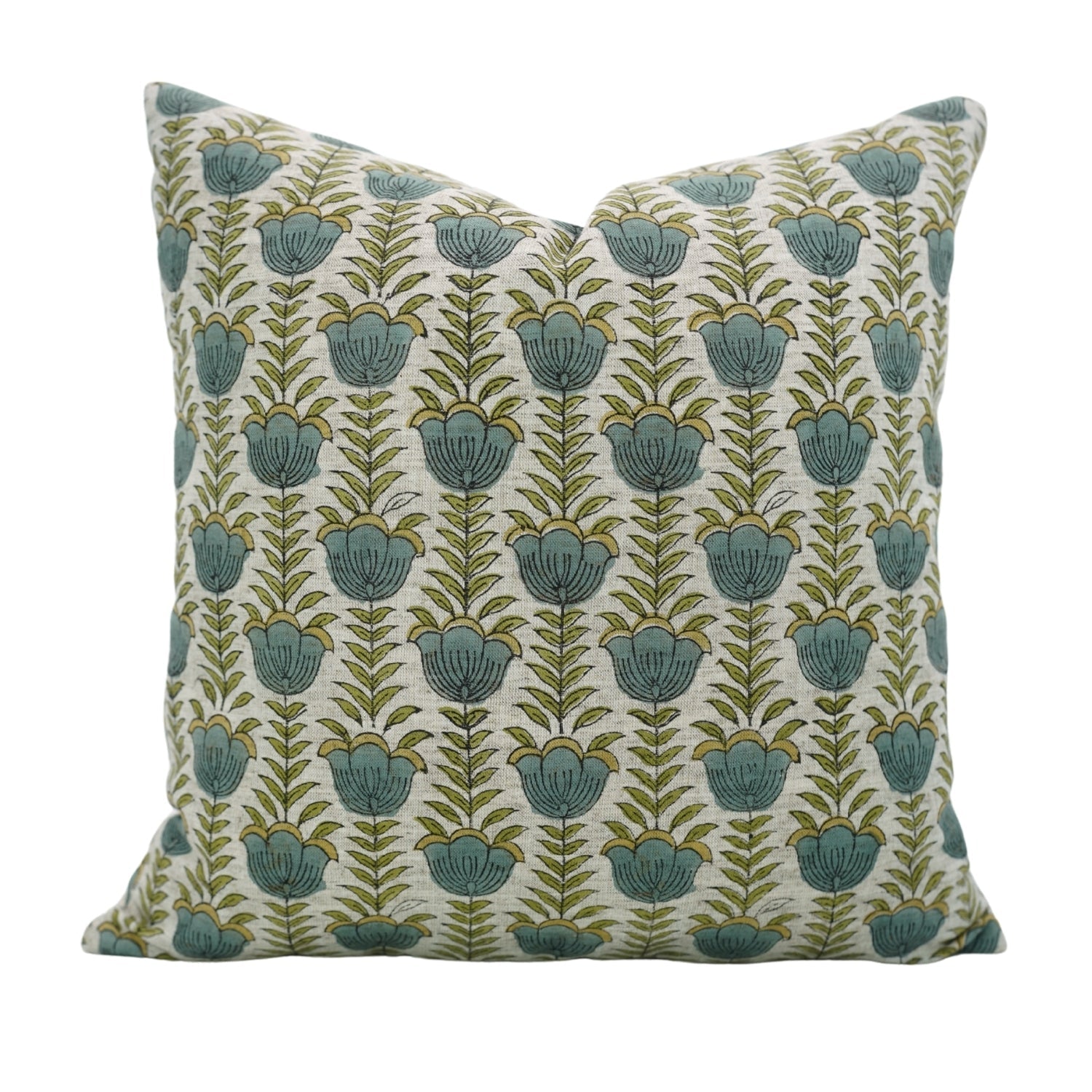 Artisanal Floral Viscous Linen Block Printed Throw Pillow Case Heritage Style With Lotus Blue 