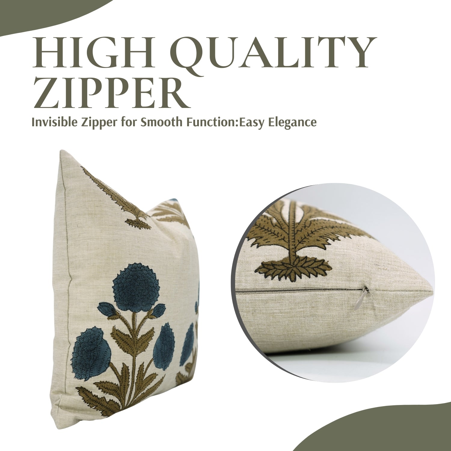 Regal Floral Handblock Printed Linen Blend Pillow Cover A Touch of Elegance with Badshah Blue 