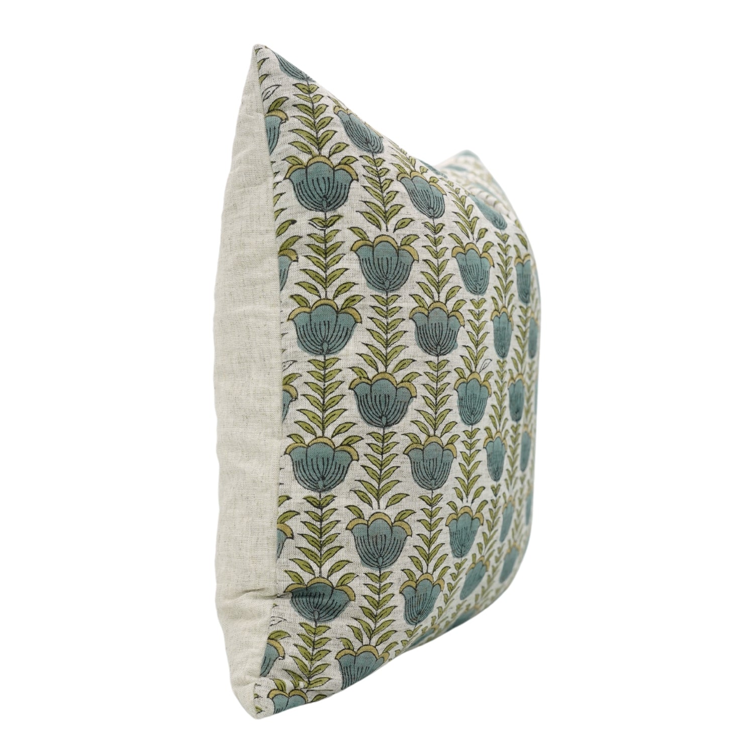 Artisanal Floral Viscous Linen Block Printed Throw Pillow Case Heritage Style With Lotus Blue 