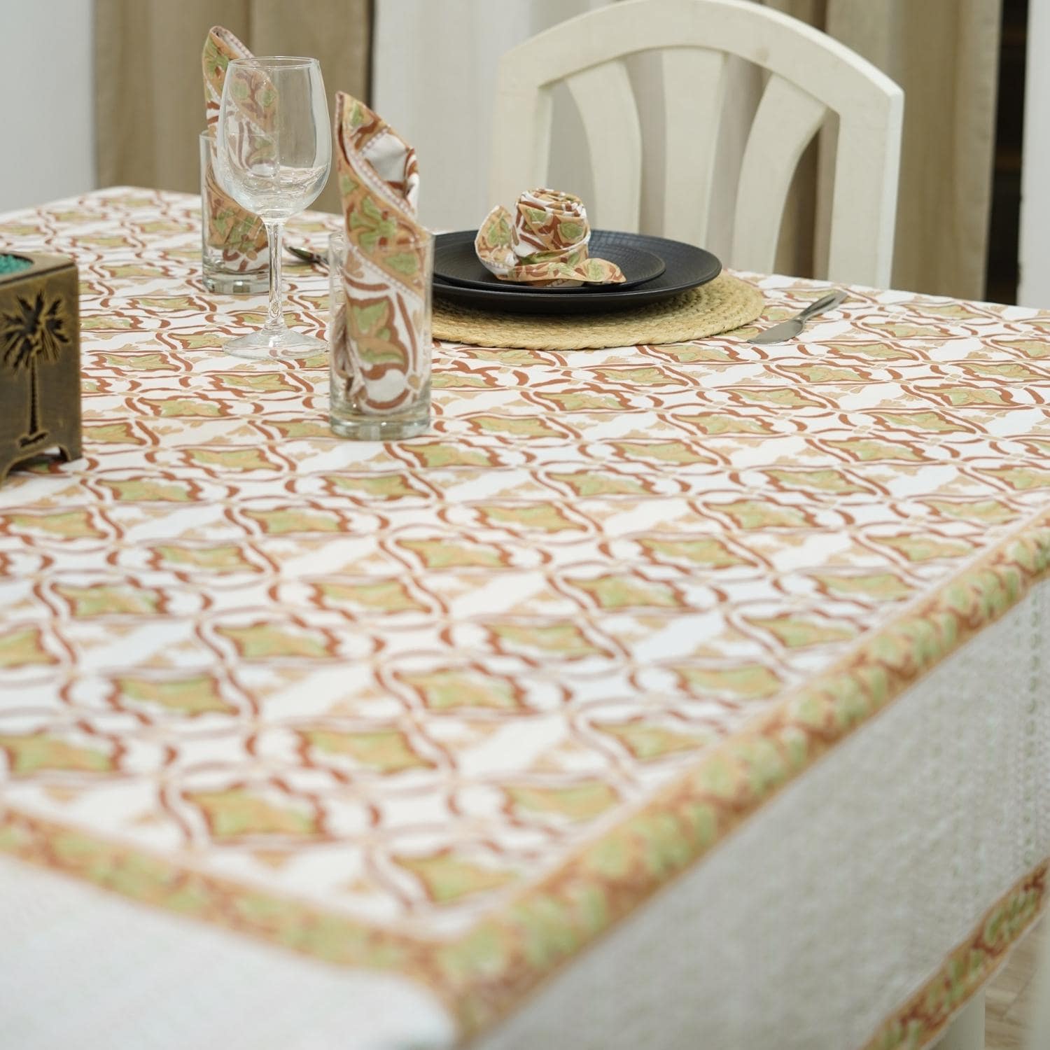 BLOCK PRINTED HANDMADE FLORAL COTTON TABLECLOTH/COVERING - HRIDYAVAN