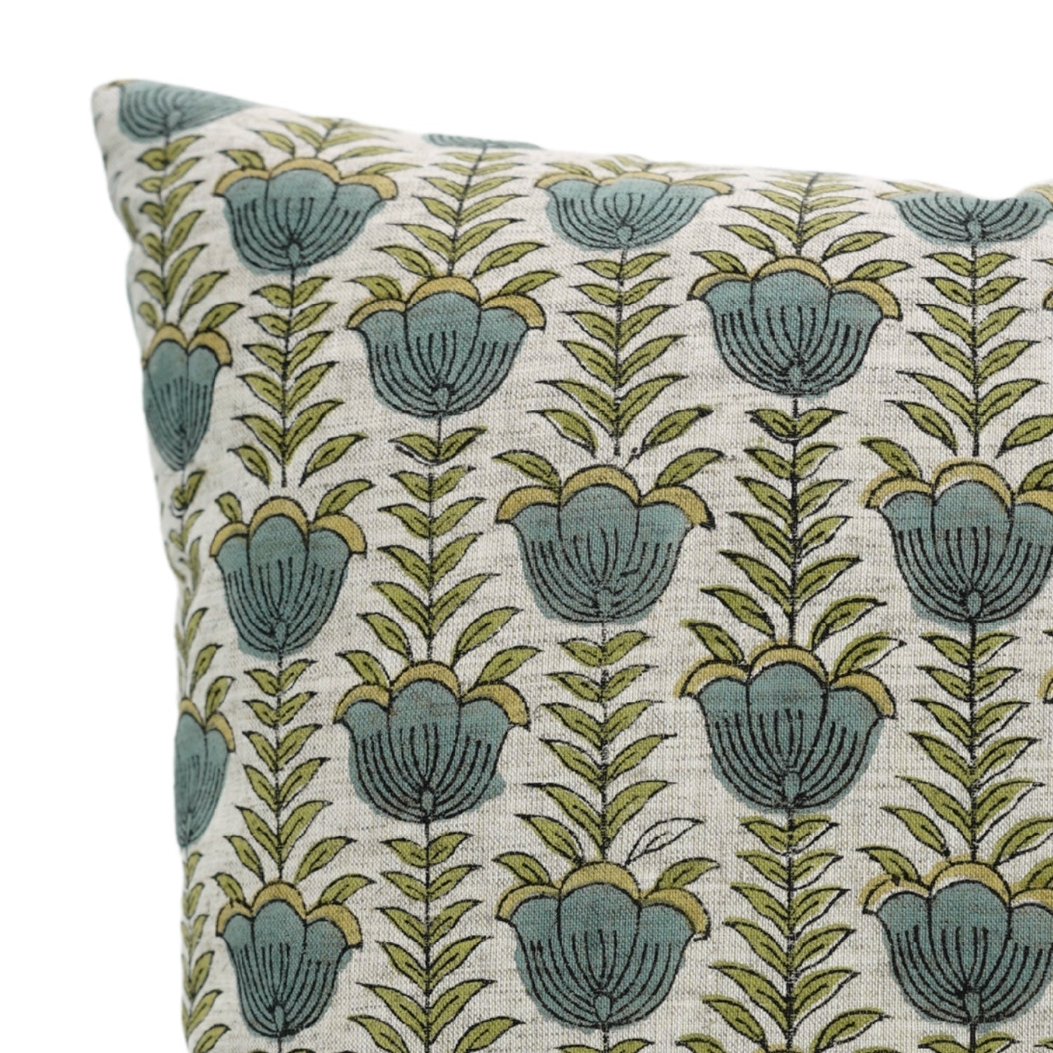 Artisanal Floral Viscous Linen Block Printed Throw Pillow Case Heritage Style With Lotus Blue 