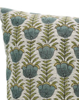 Artisanal Floral Viscous Linen Block Printed Throw Pillow Case Heritage Style With Lotus Blue 