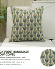 Artisanal Floral Viscous Linen Block Printed Throw Pillow Case Heritage Style With Lotus Blue 