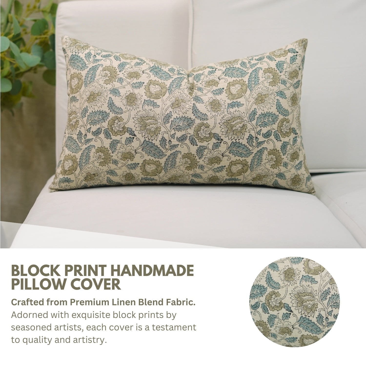 Home Décor Floral Designer Handblock Printed Throw Cushion Wrap Linen blend Mandakani in Gray