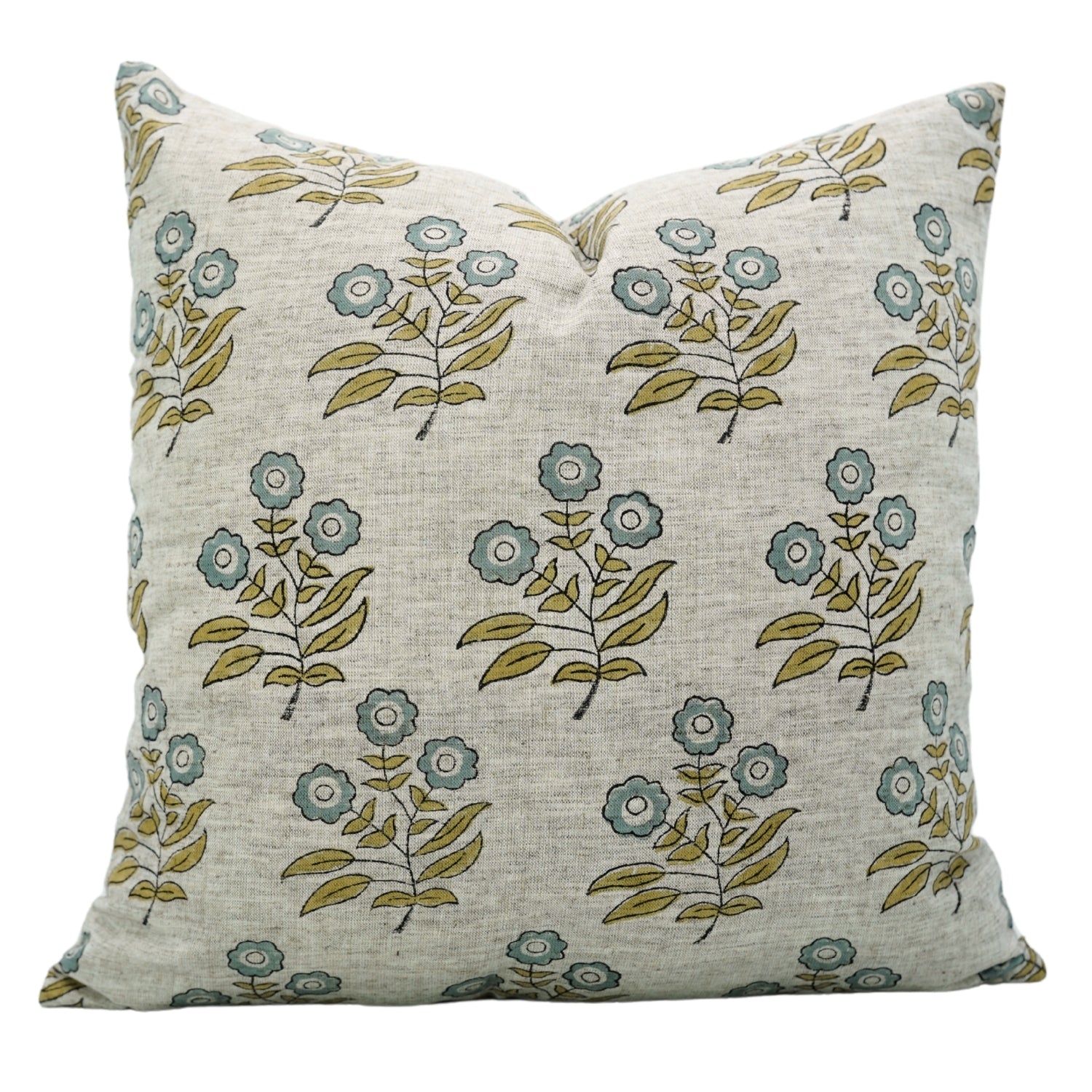 Handmade Boho Pillow Cover - Neha Blue Indian Block Printed Floral in Viscose Linen