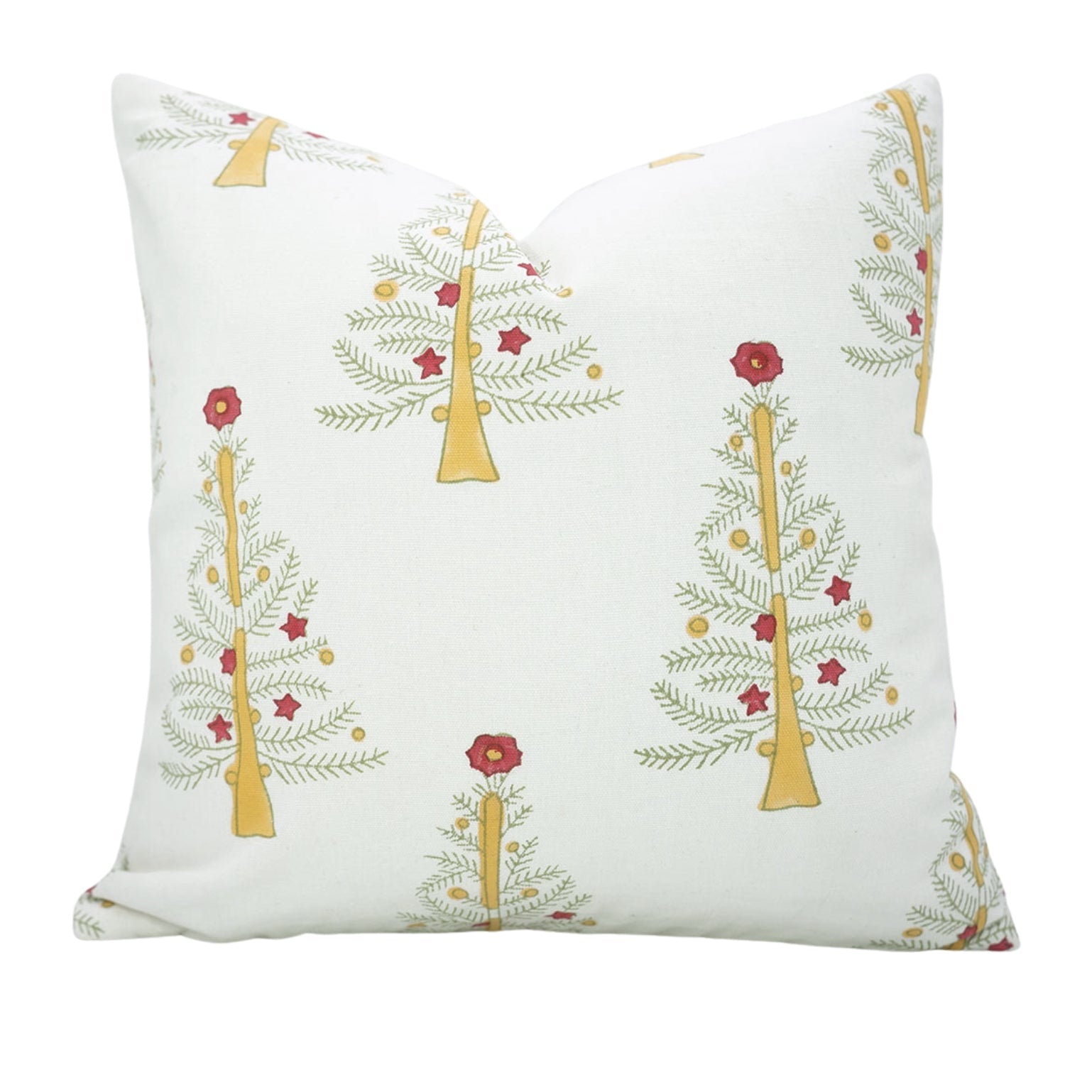 Christmas Tree Yellow Handblock Pillow Case – Pink, Yellow & White Leaf Printed on Thick Cotton