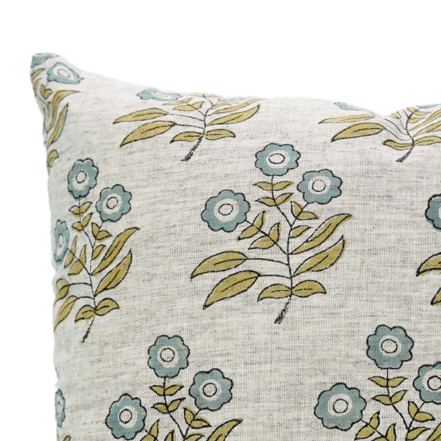 Handmade Boho Pillow Cover - Neha Blue Indian Block Printed Floral in Viscose Linen