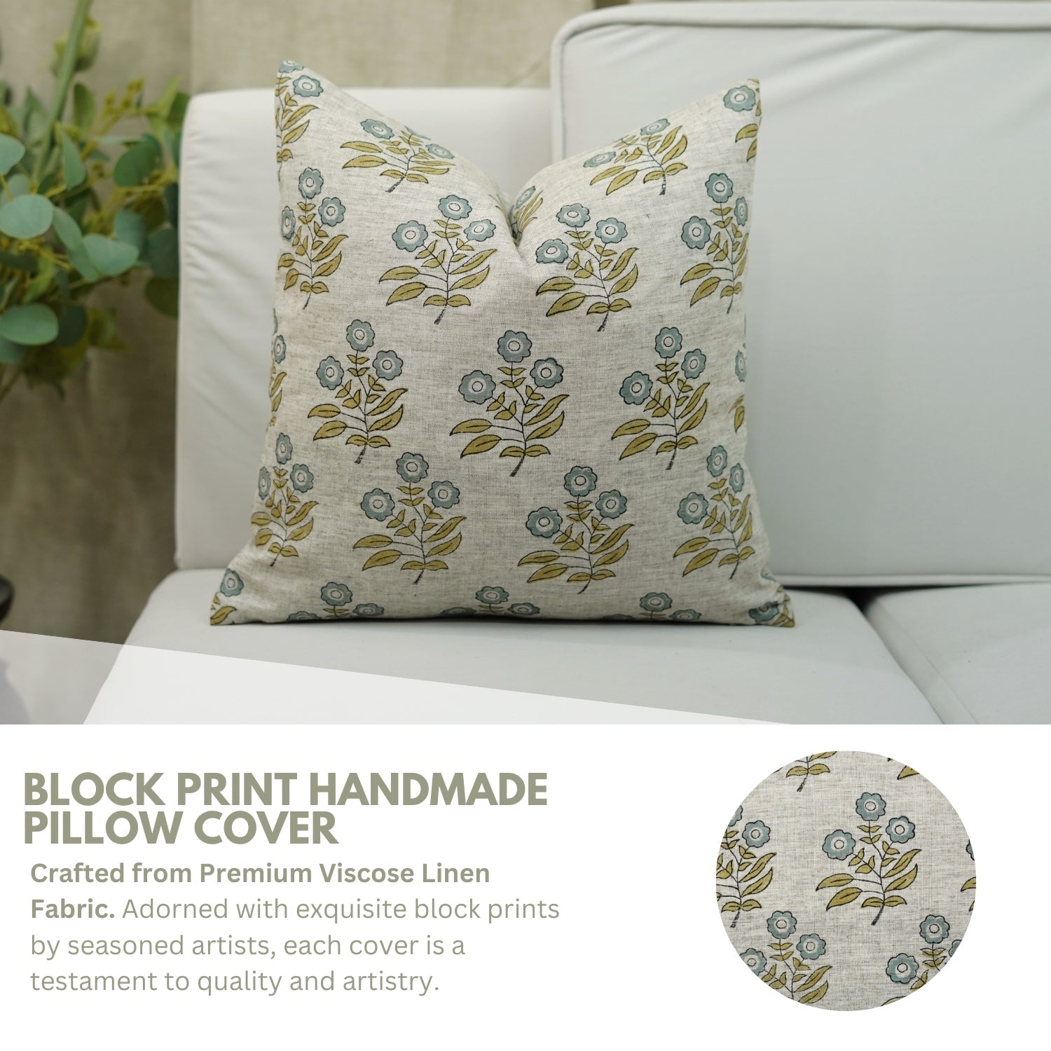 Handmade Boho Pillow Cover - Neha Blue Indian Block Printed Floral in Viscose Linen