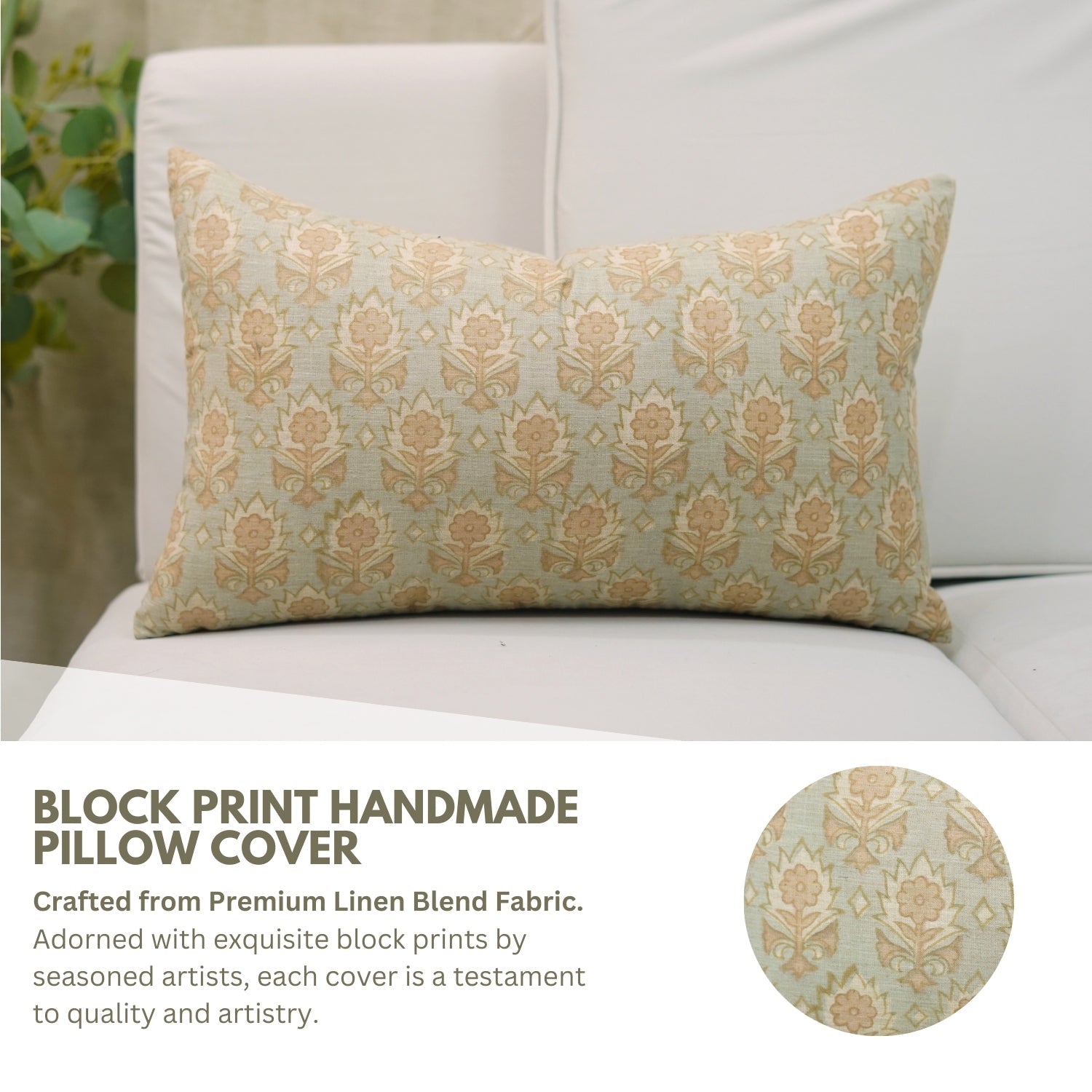 Square Sustainable Throw Pillow Cover Kusum Floral Light Blue – Handmade for Farmhouse Charm Linen Blend