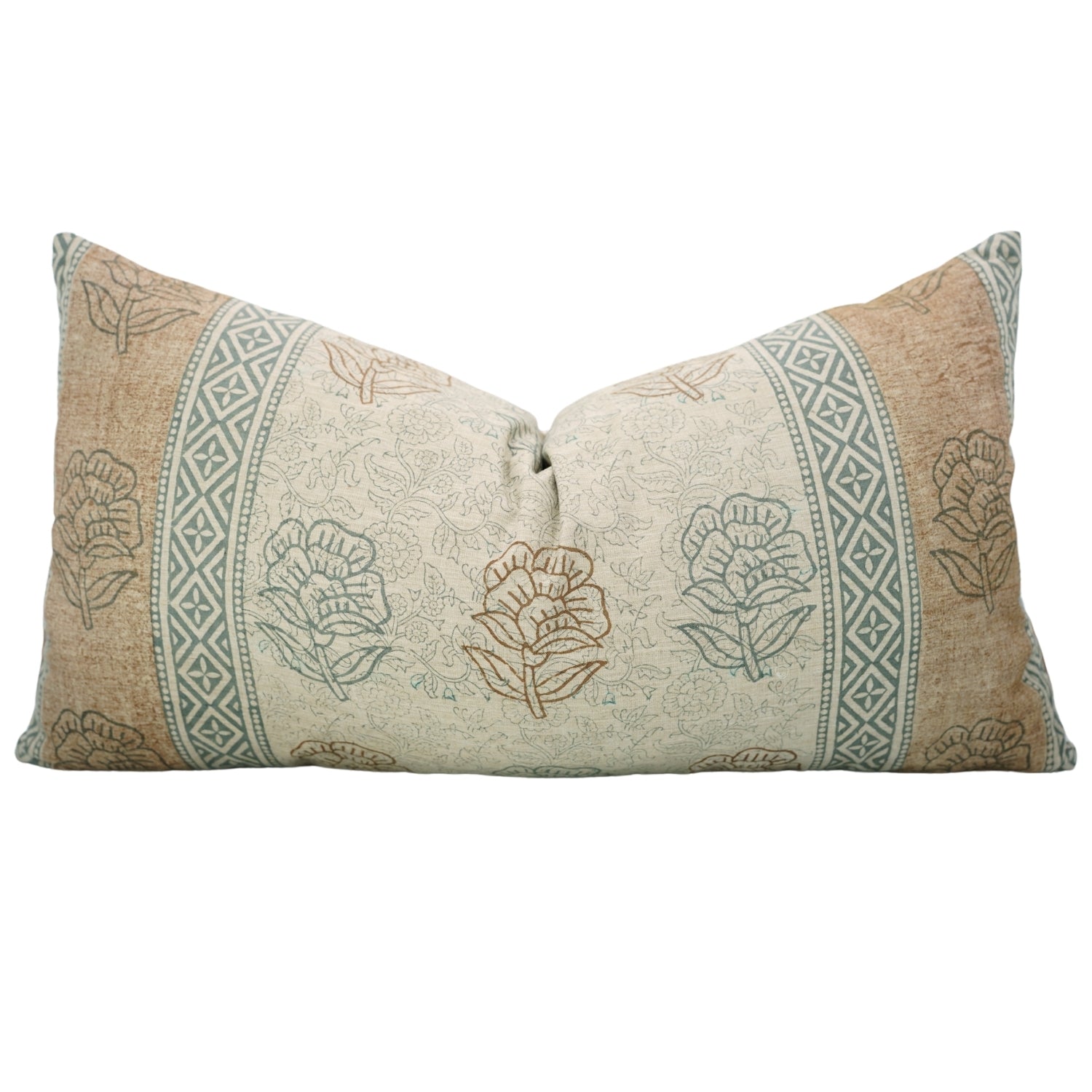 Farmhouse Floral Designer Pillow Cover – Handmade Indian Block Printed Linen Blend - Rohini Brown