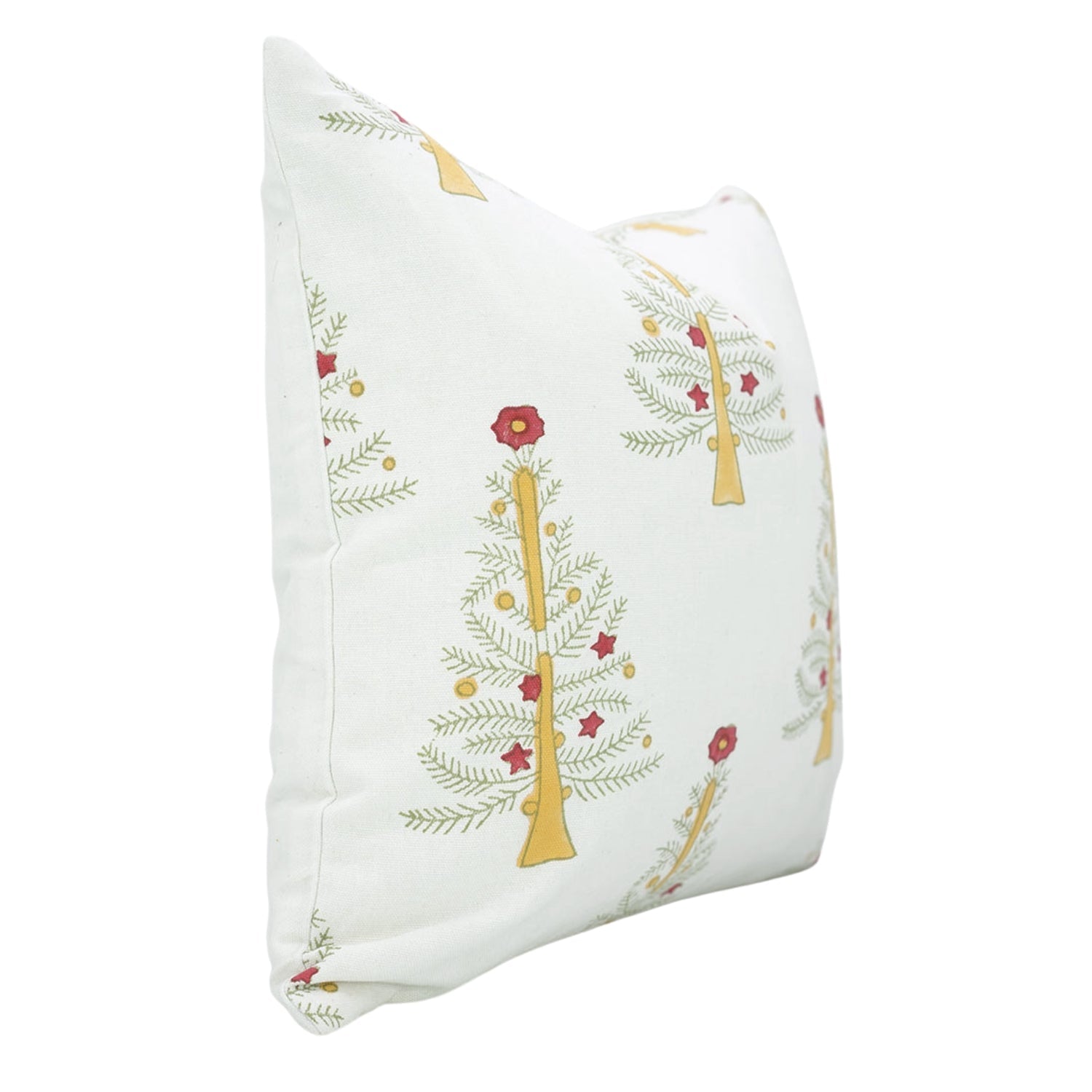 Christmas Tree Yellow Handblock Pillow Case – Pink, Yellow & White Leaf Printed on Thick Cotton