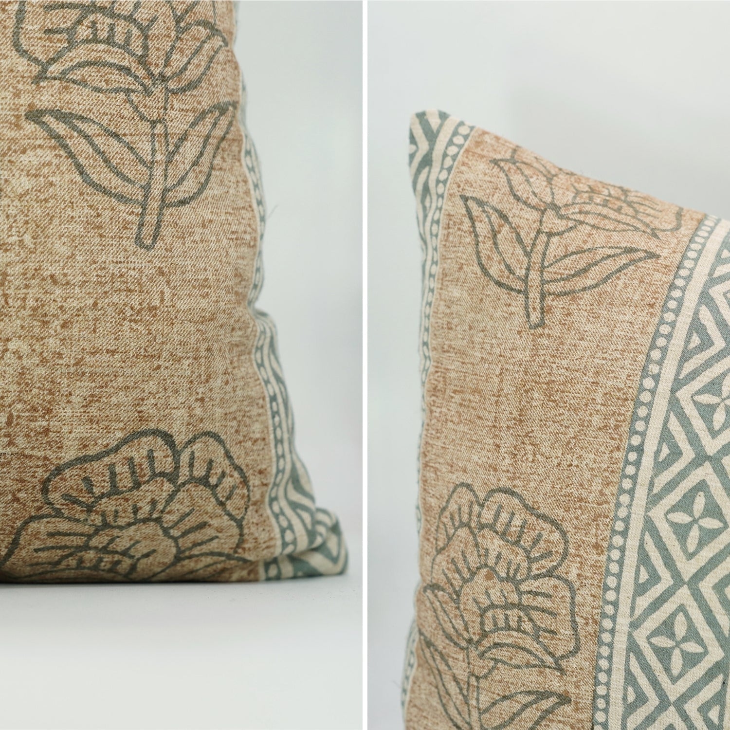 Farmhouse Floral Designer Pillow Cover – Handmade Indian Block Printed Linen Blend - Rohini Brown