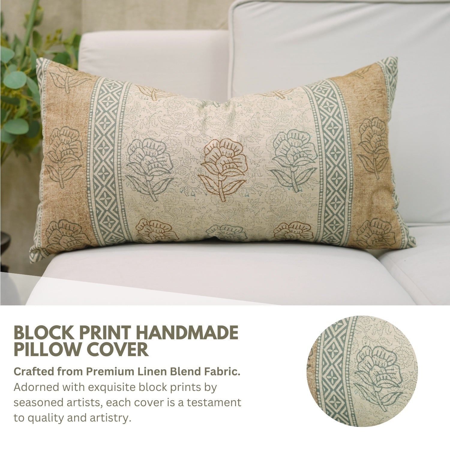 Farmhouse Floral Designer Pillow Cover – Handmade Indian Block Printed Linen Blend - Rohini Brown