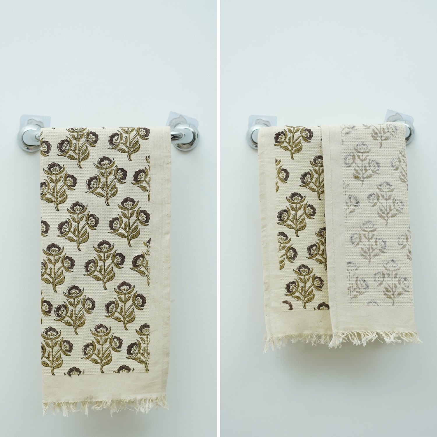 Handblock Waffle Luxury Hand Towels With Floral Elegance Soft Cotton Design - Bael Patra By Fabdivine