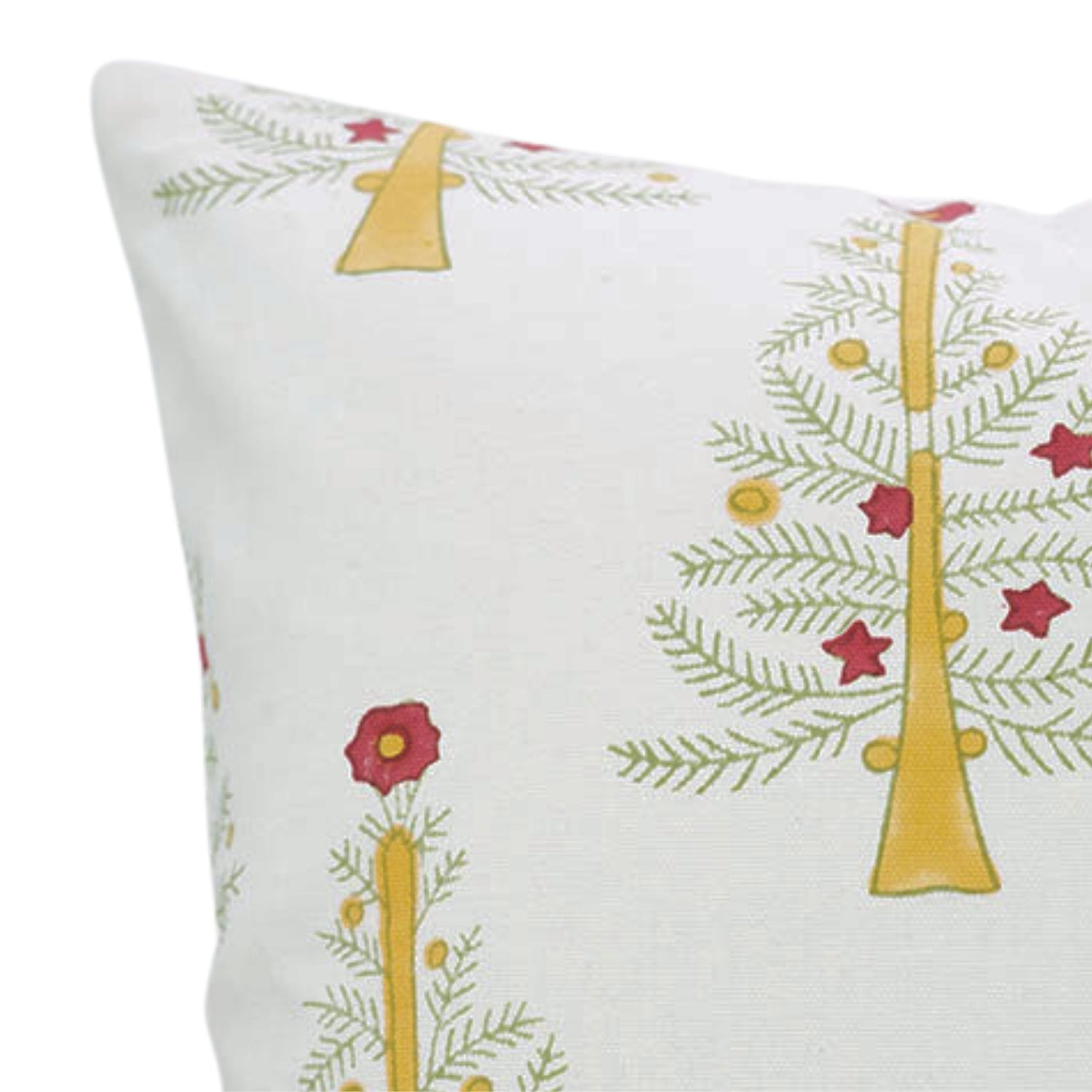 Christmas Tree Yellow Handblock Pillow Case – Pink, Yellow & White Leaf Printed on Thick Cotton