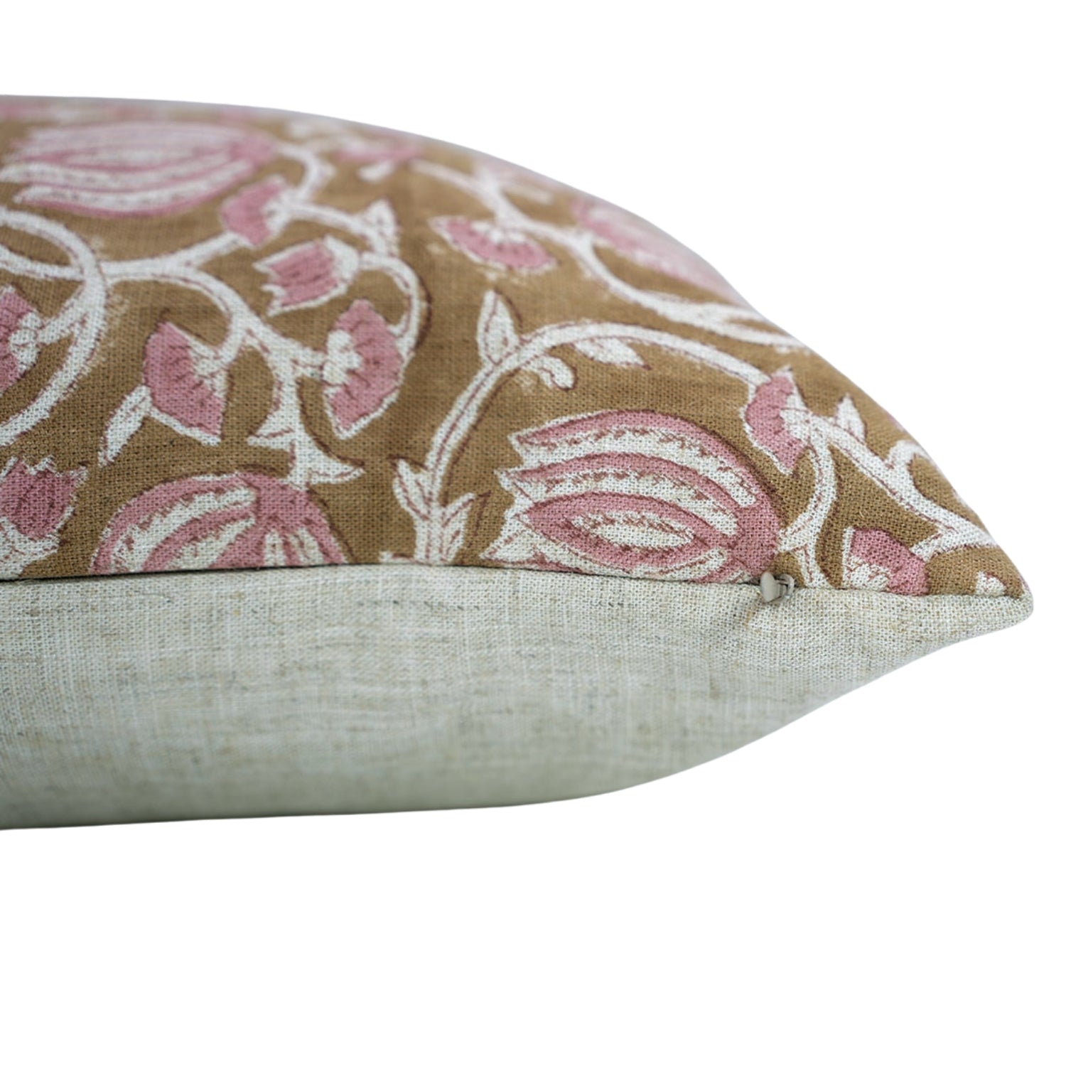 6 Kamal Handcrafted Viscose Linen Cushion Wrap – Pink &amp; Brown Floral Block Print Elegance