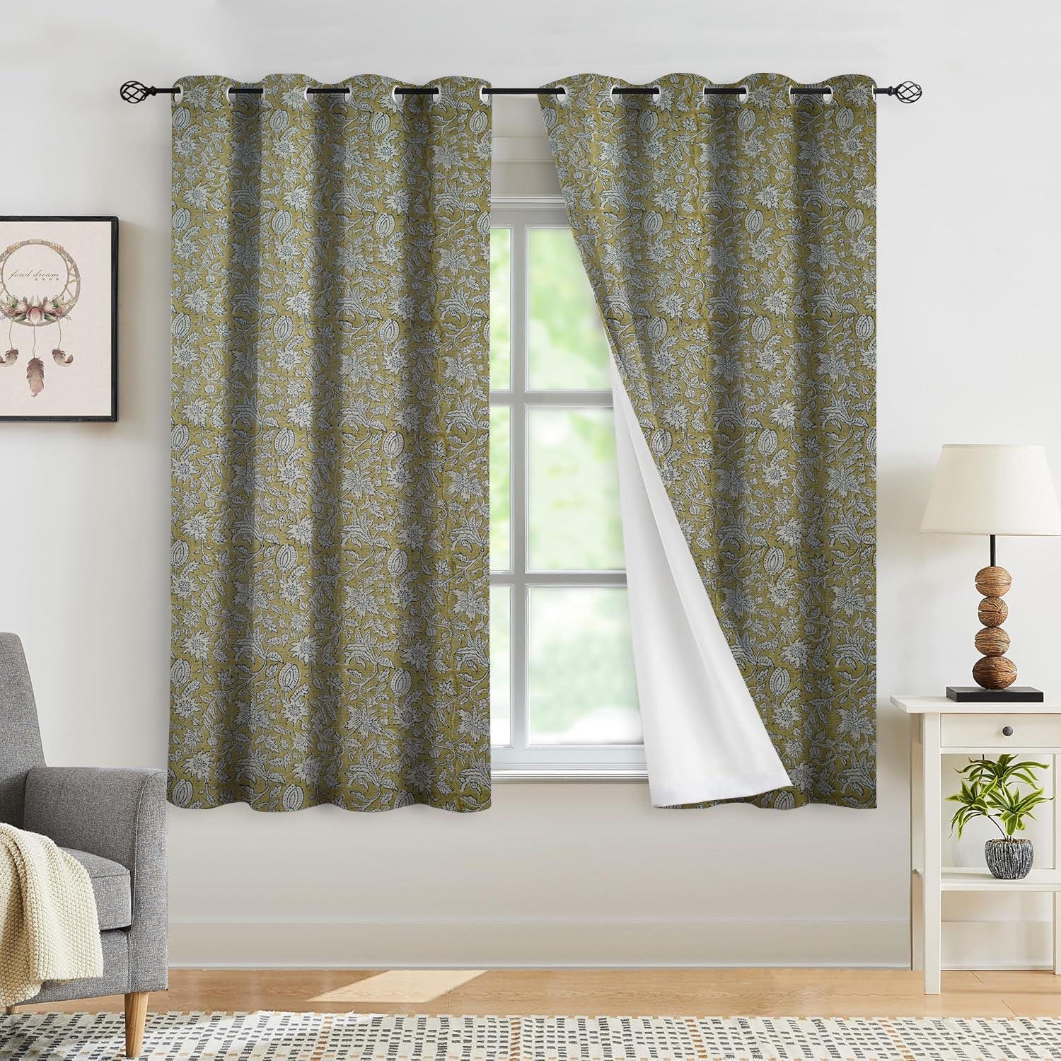 Floral Printed Thick Linen Blackout Curtains with Grommets - Room Darkening Treatment - Manikarnika