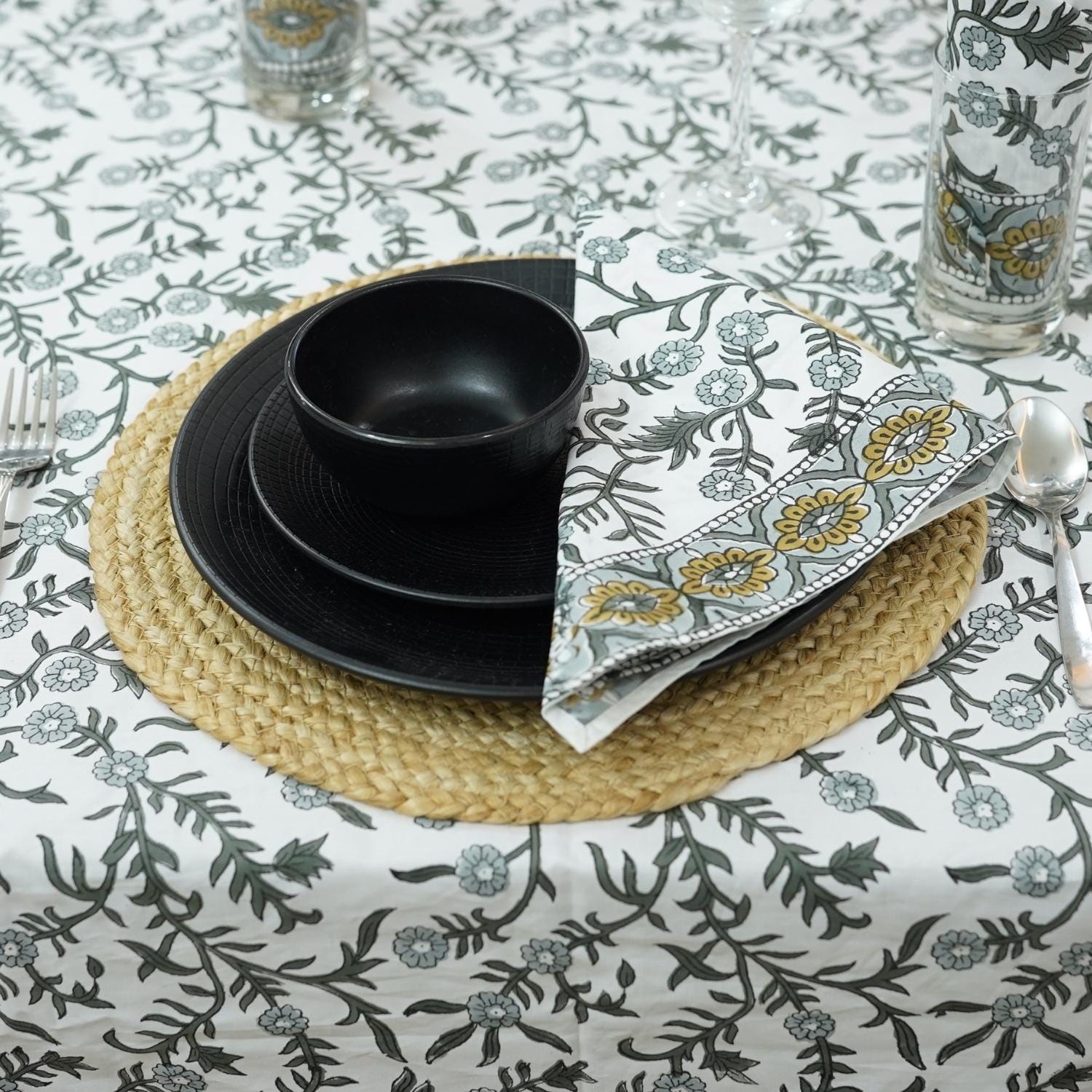 FLORAL HAND BLOCK PRINTED 100% COTTON KITCHEN TABLE COVER AND NAPKINS SET - SEHJAN