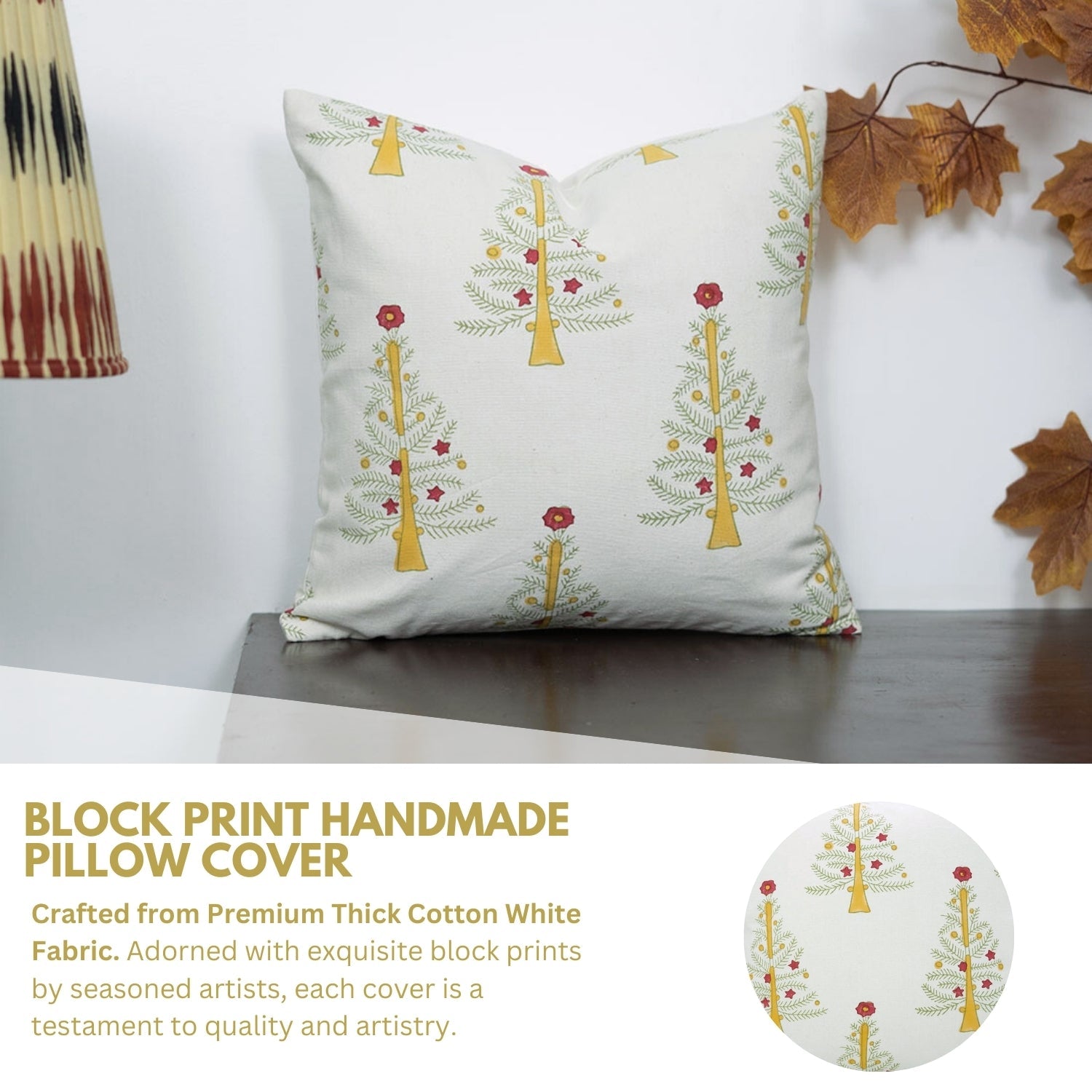 Christmas Tree Yellow Handblock Pillow Case – Pink, Yellow & White Leaf Printed on Thick Cotton