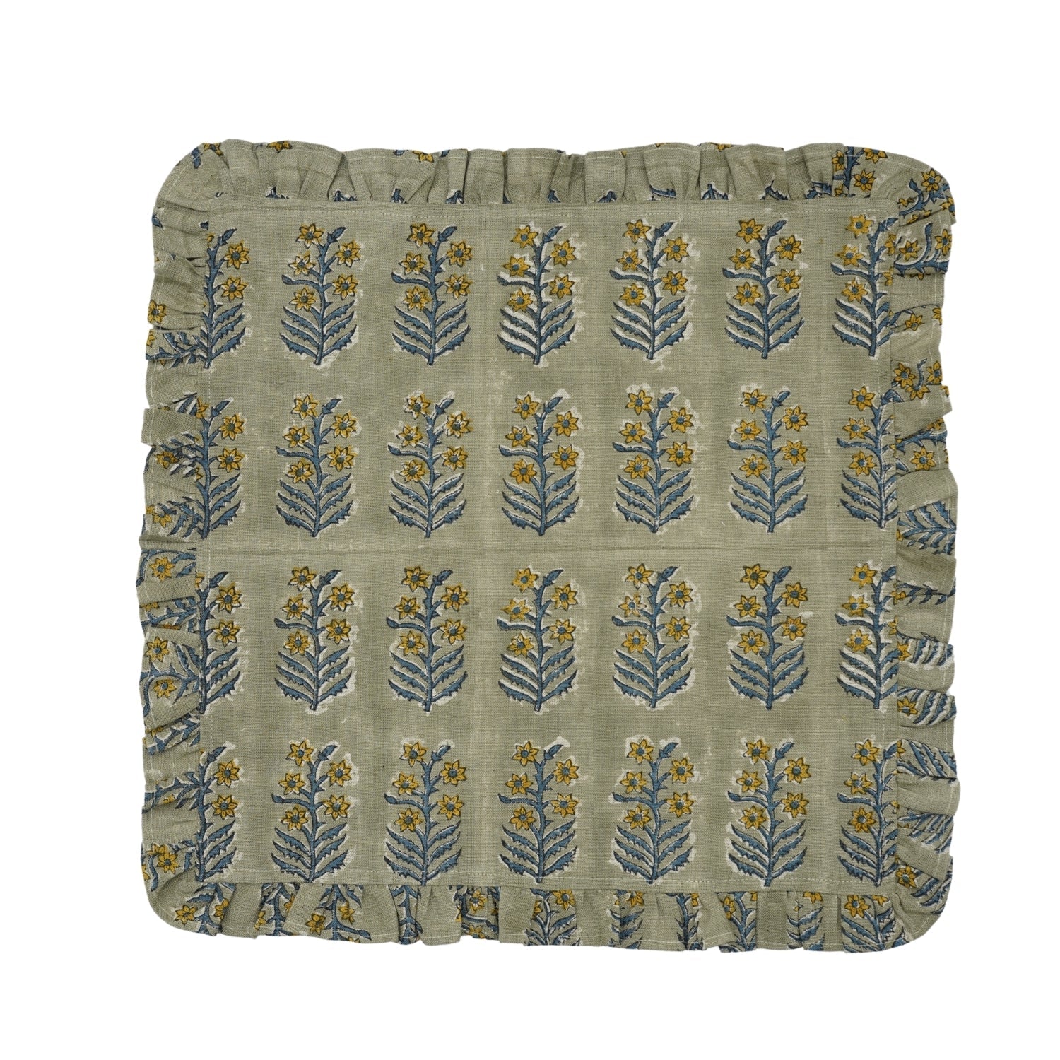 Classic Mustard Inderdhanush Floral Printed Pure Linen Table Frill Napkins - Handmade & Elegant