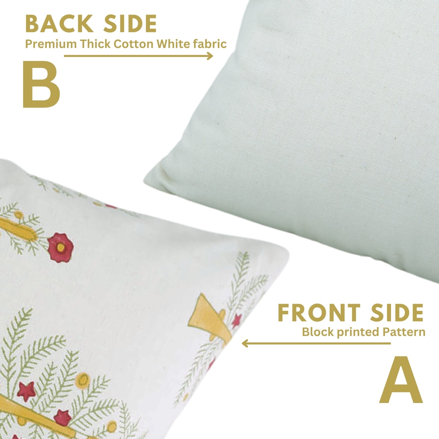 Christmas Tree Yellow Handblock Pillow Case – Pink, Yellow &amp; White Leaf Printed on Thick Cotton